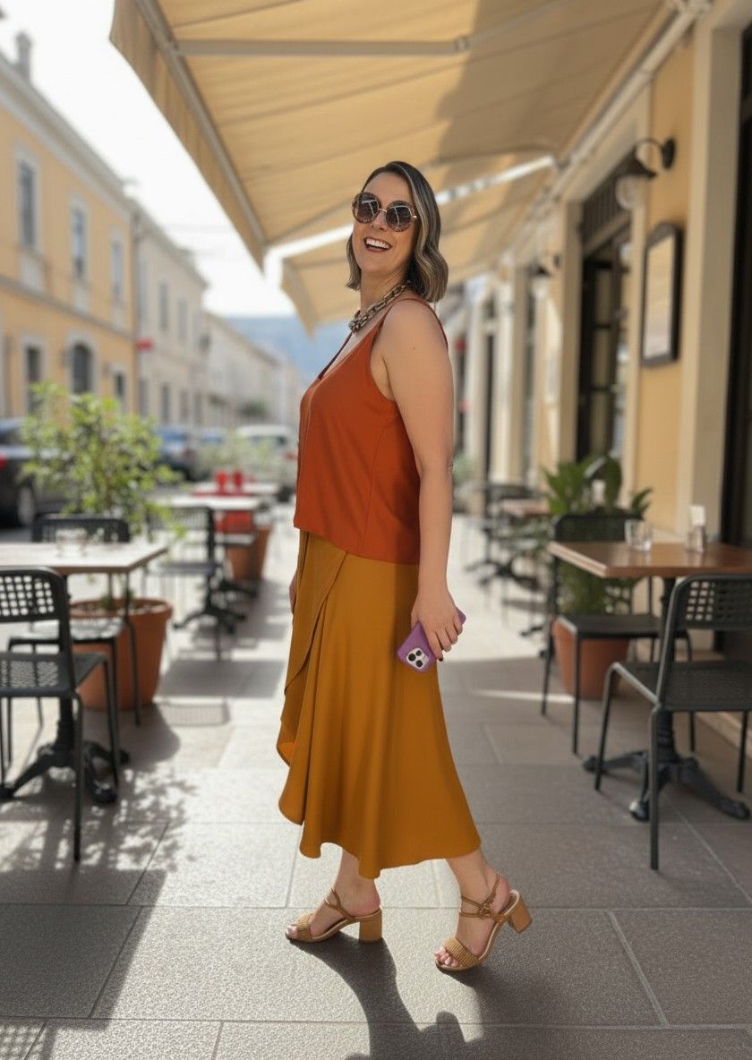 Saia Envelope Midi com Presilha - Tecido Plano - Amarelo Queimado Saia Envelope Midi com Presilha - Tecido Plano - Amarelo Queimado