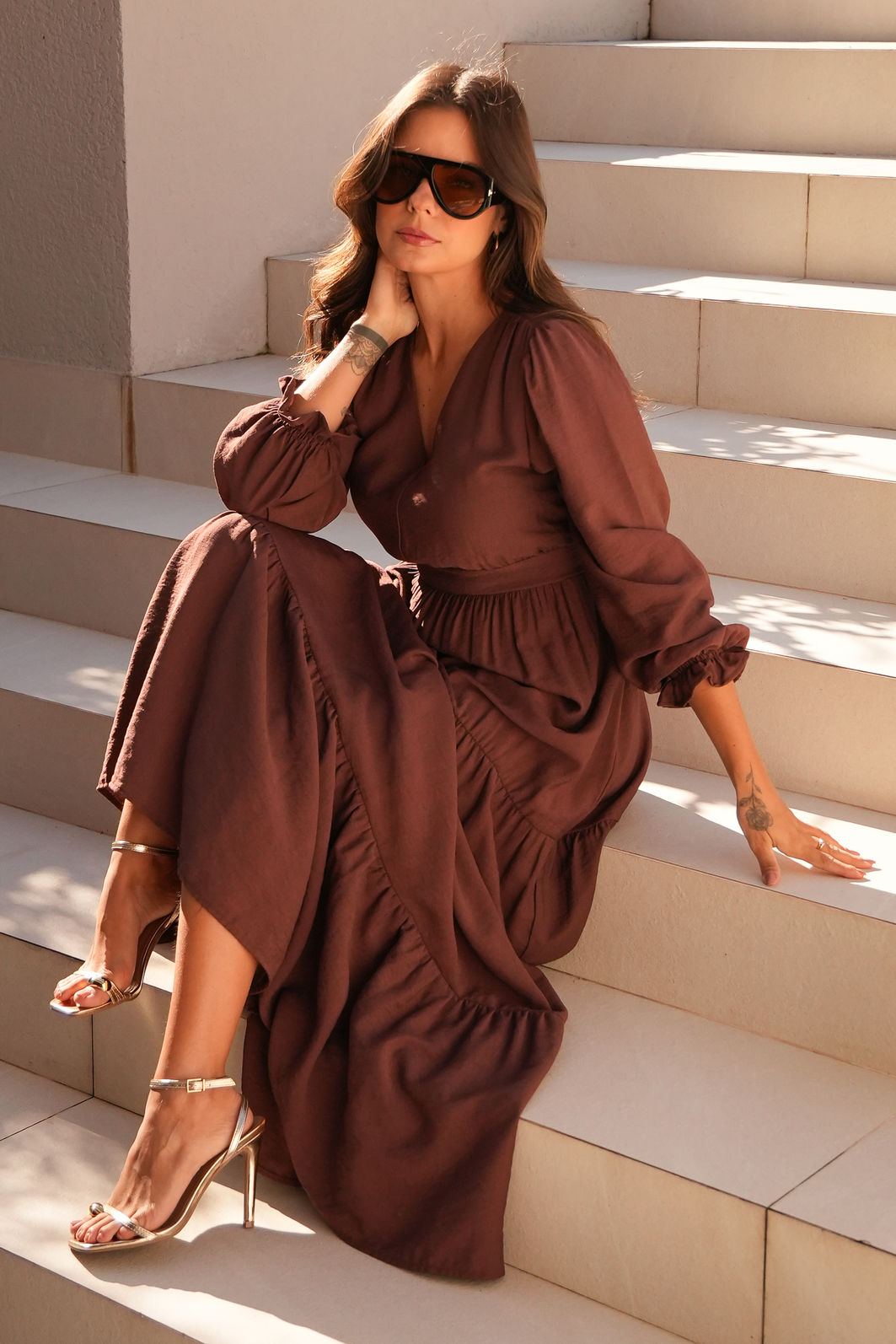 Vestido Lyra - Marrom Tecido Viscose e Poliamida Vestido Lyra - Marrom Tecido Viscose e Poliamida
