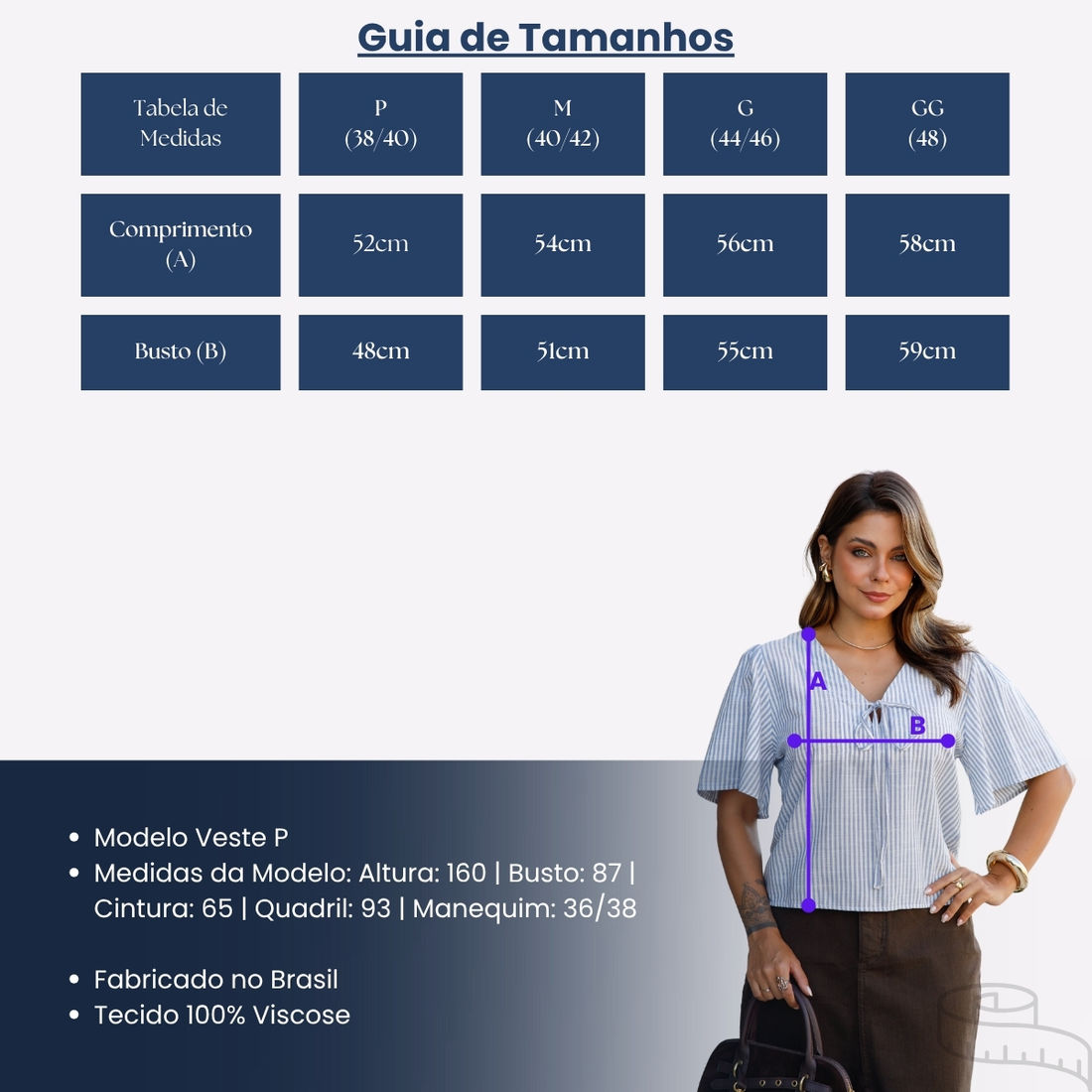 Blusa Maria Clara - Tecido Plano de Viscose  - Listrado Fio Tinto Azul e Branco