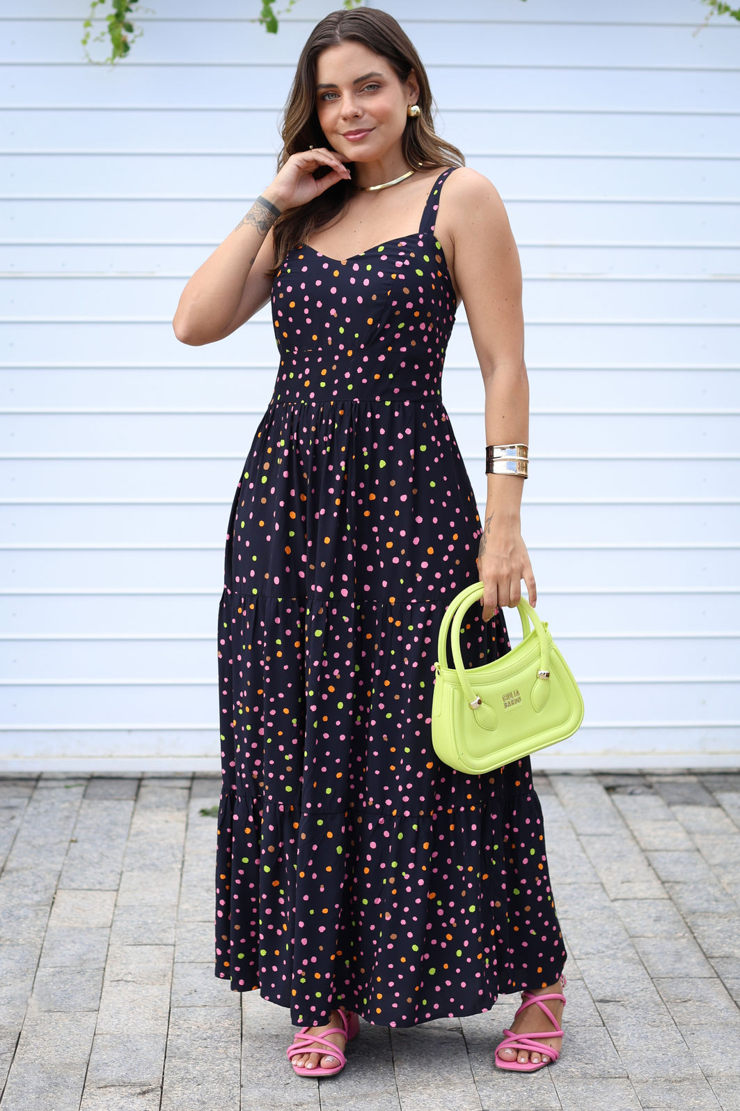 Vestido Lunna Midi Alças Reguláveis Preto Poá Colorido