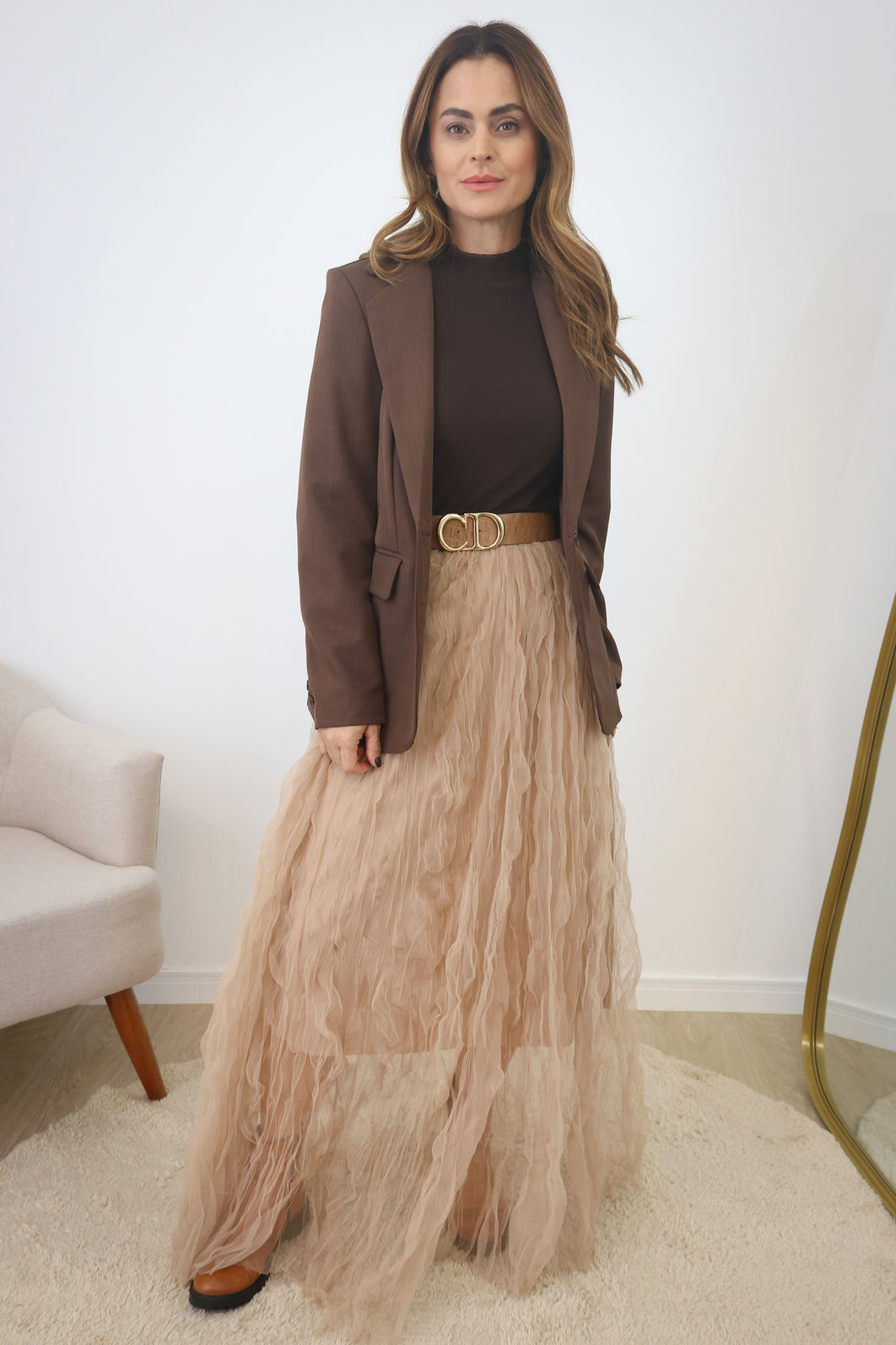 Saia Longa Tule Com Texturas - Mocca Saia Longa Tule Com Texturas - Mocca