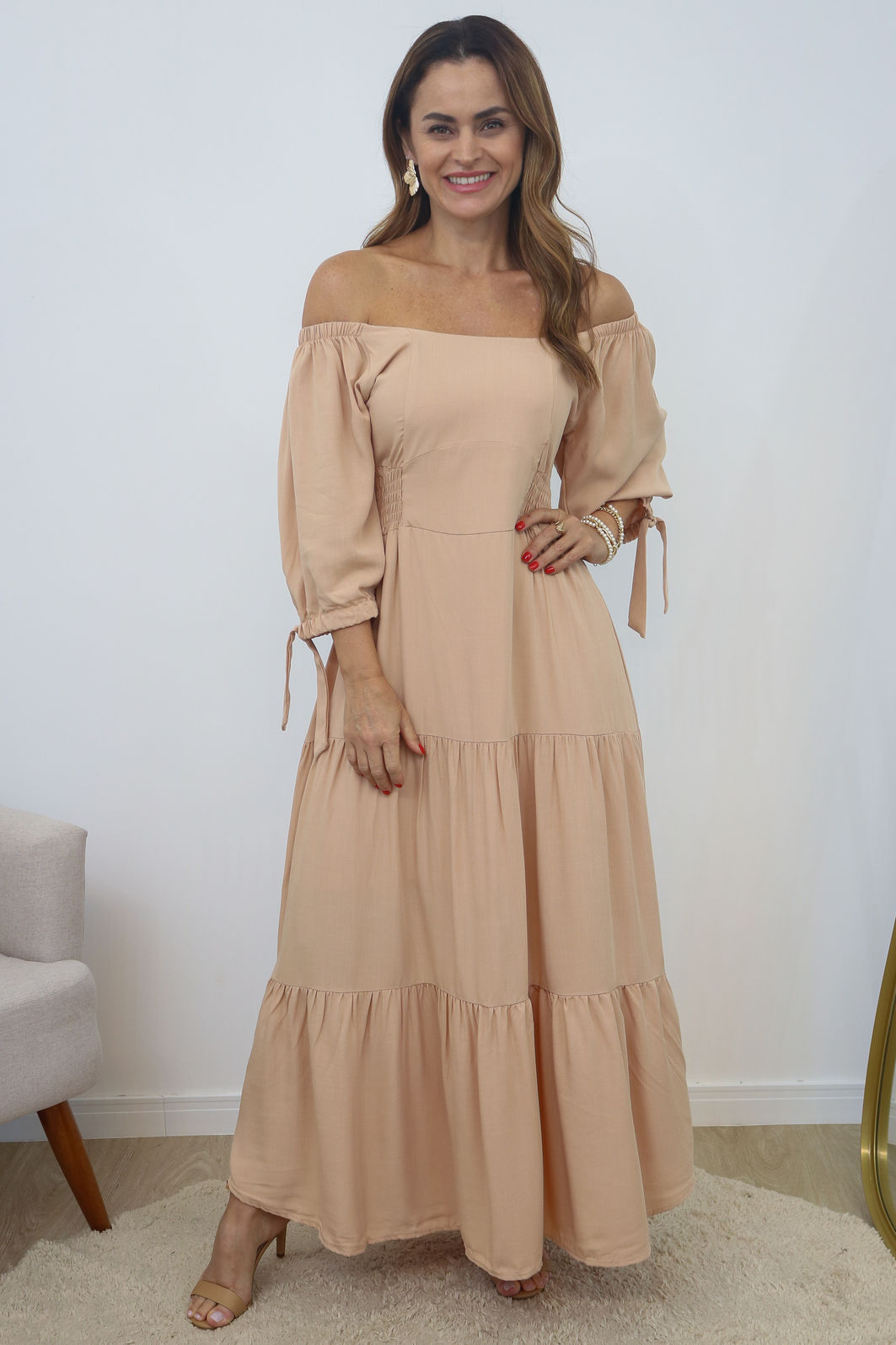 Vestido Letícia Com Forro - Bege Vestido Letícia Com Forro - Bege