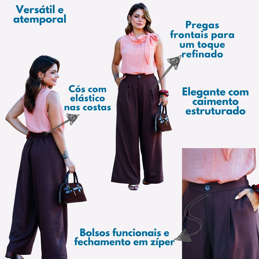 Calça Pantalona Nice em Tecido Plano Crepe Encorpado - Marrom Calça Pantalona Nice em Tecido Plano Crepe Encorpado - Marrom