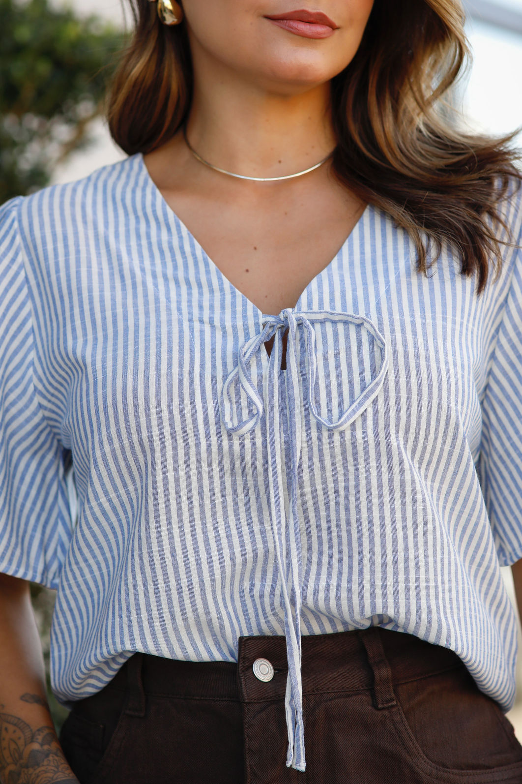 Blusa Maria Clara - Tecido Plano de Viscose  - Listrado Fio Tinto Azul e Branco