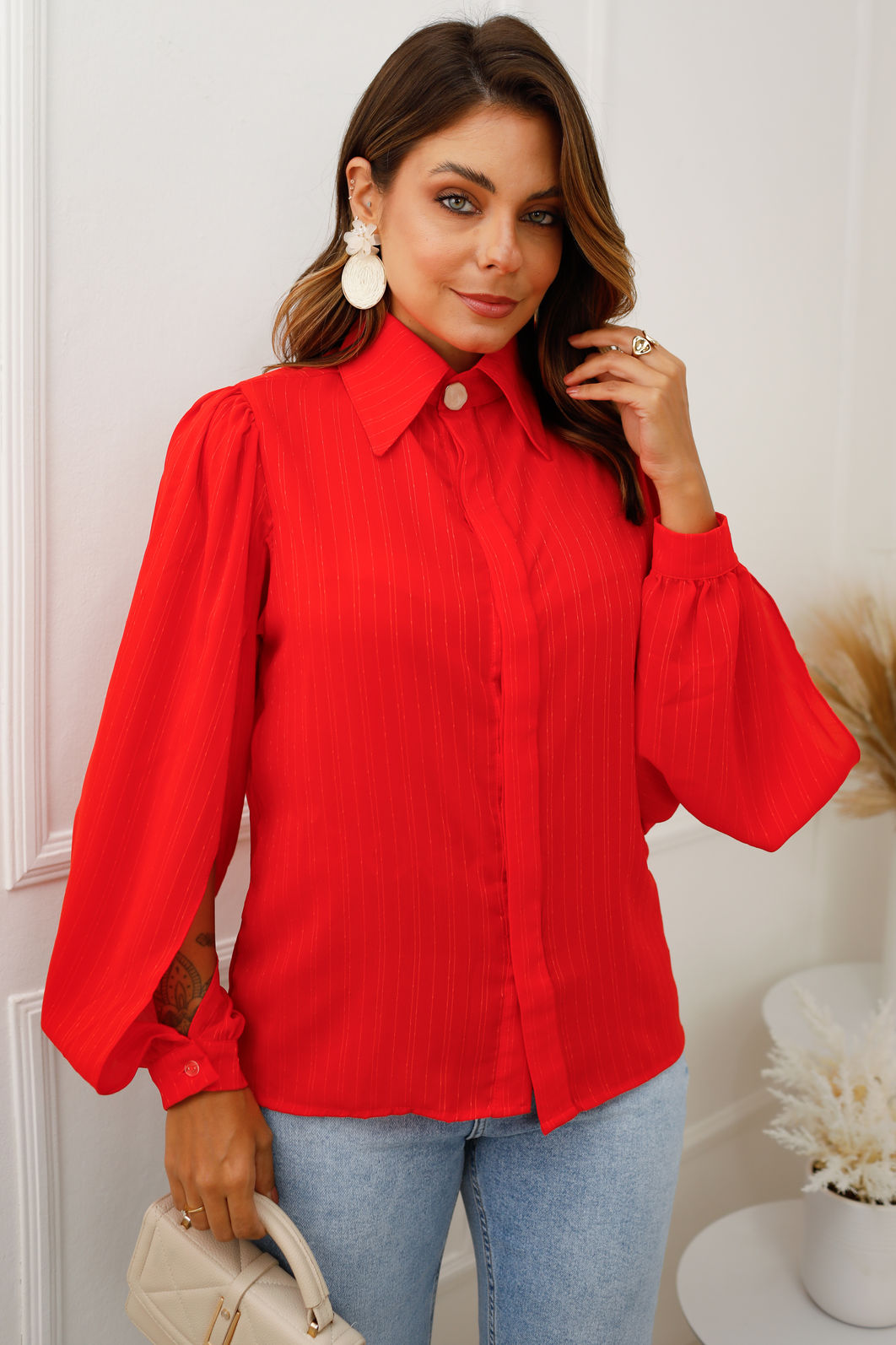 Camisa de Chiffon - Manga Longa - Vermelho Camisa de Chiffon - Manga Longa - Vermelho