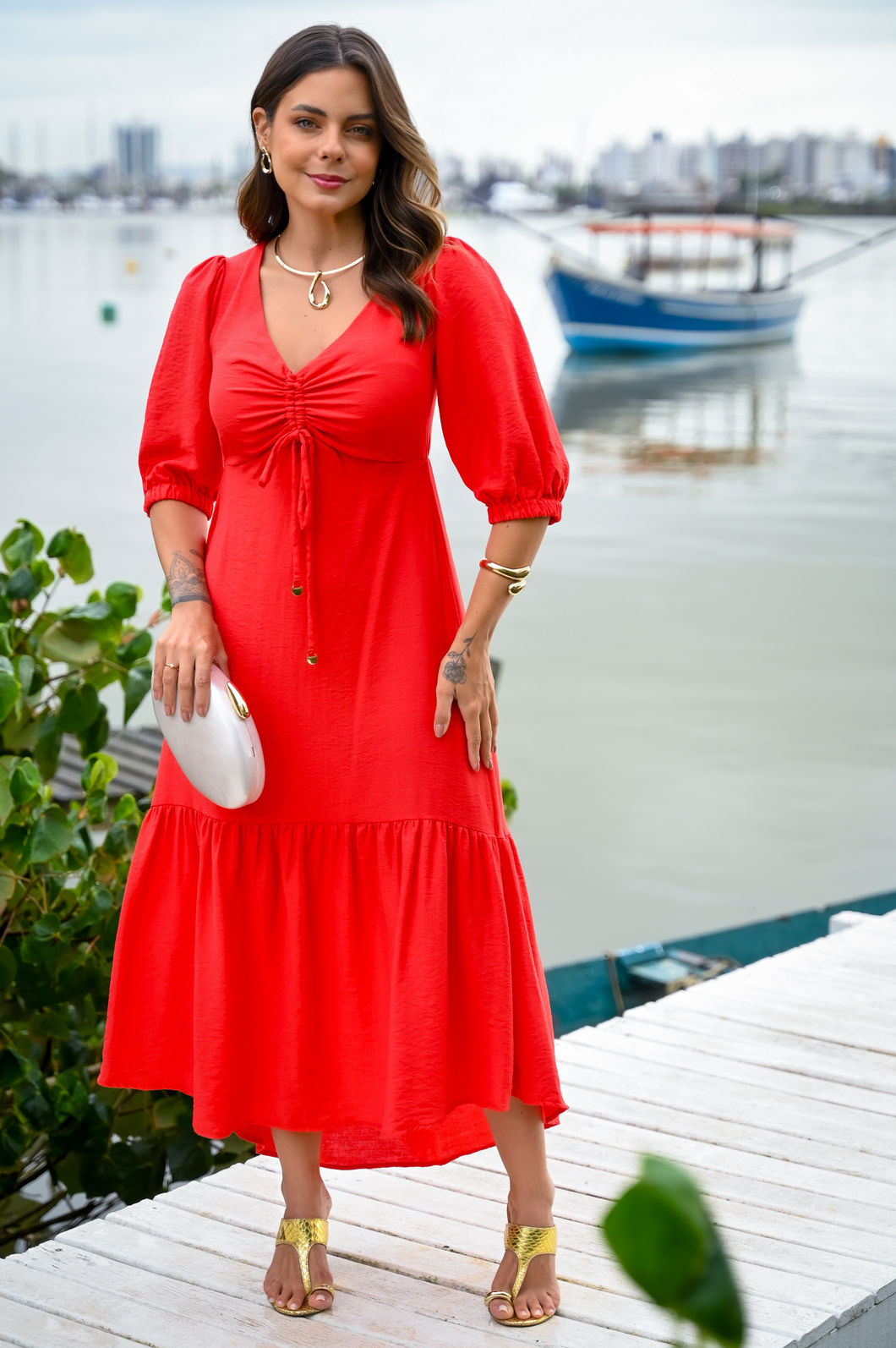 Vestido Flor Linda em Tecido Plano de Viscose Midi - Vermelho Vestido Flor Linda em Tecido Plano de Viscose Midi - Vermelho