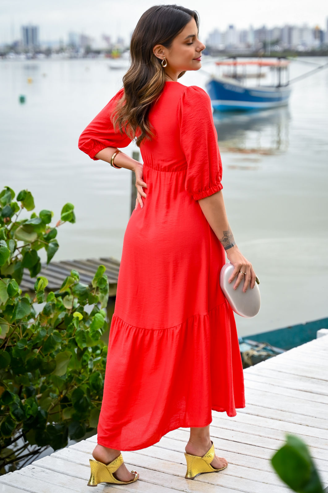 Vestido Flor Linda em Tecido Plano de Viscose Midi - Vermelho Vestido Flor Linda em Tecido Plano de Viscose Midi - Vermelho