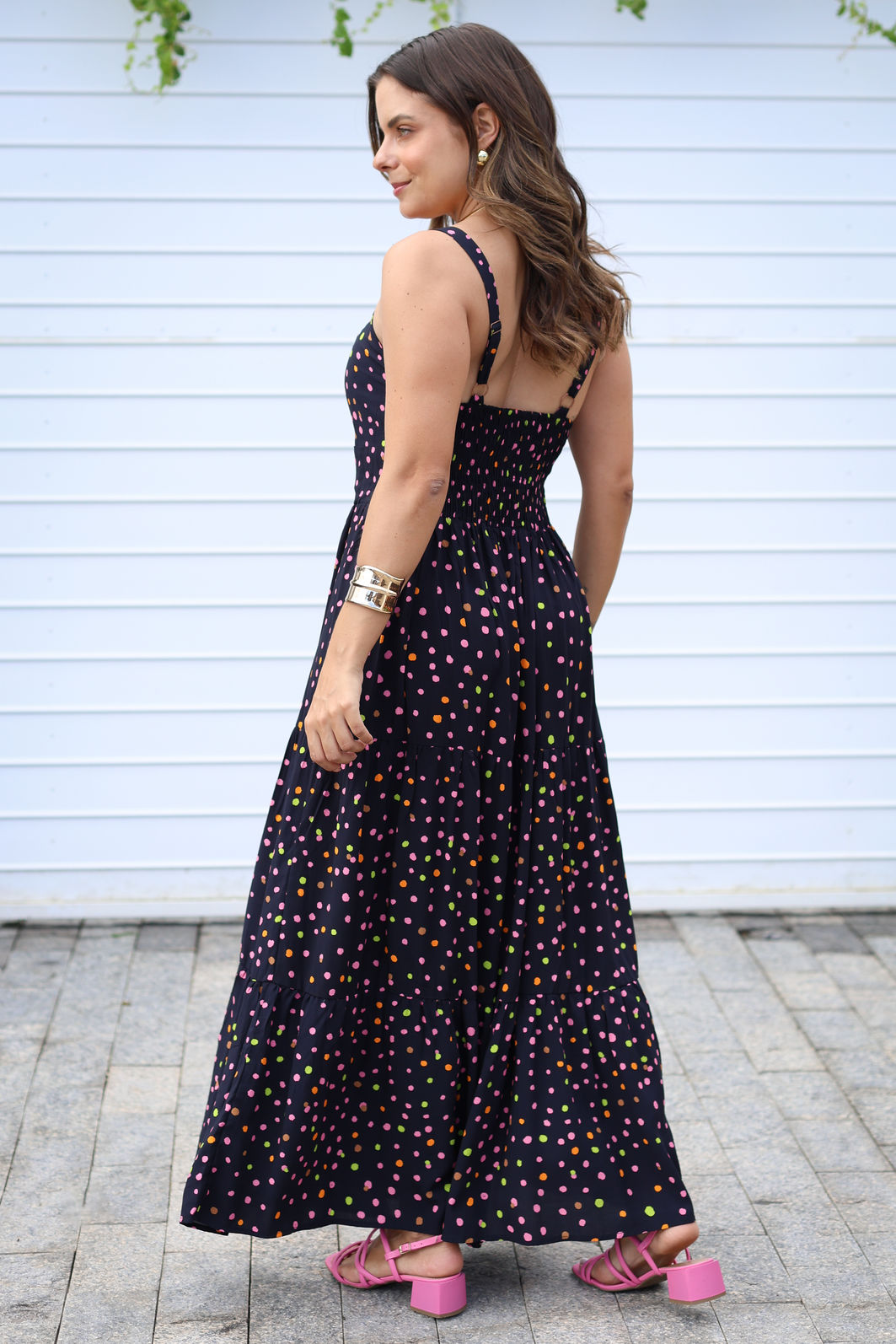 Vestido Lunna Midi Alças Reguláveis Preto Poá Colorido