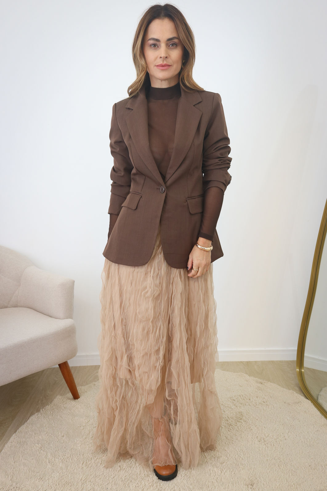 Saia Longa Tule Com Texturas - Mocca Saia Longa Tule Com Texturas - Mocca