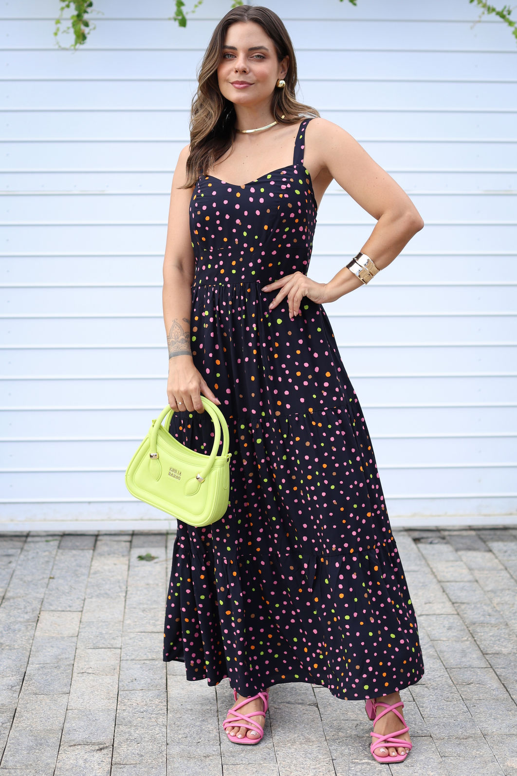 Vestido Lunna Midi Alças Reguláveis Preto Poá Colorido