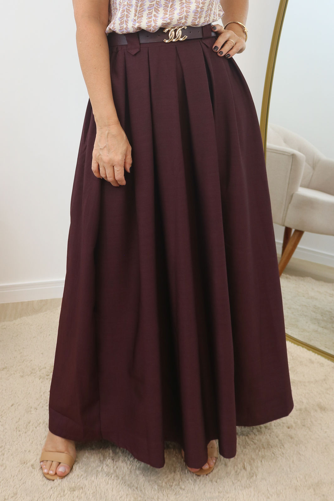 Saia Longa Godê Tecido Plano Encorpado - Vinho