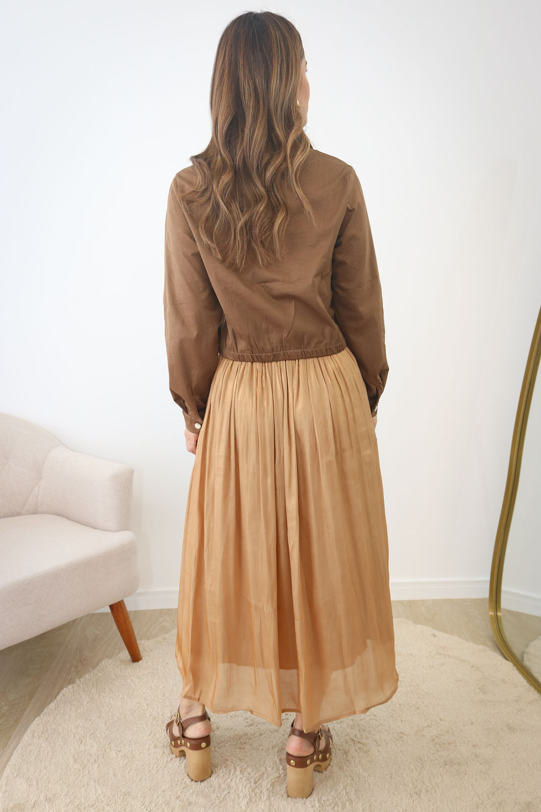 Saia Acetinada Midi Com Forro - Gold Nude