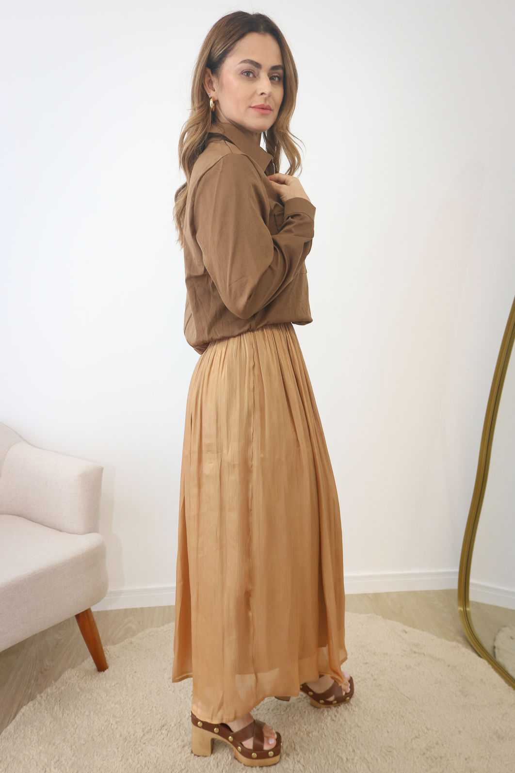 Saia Acetinada Midi Com Forro - Gold Nude