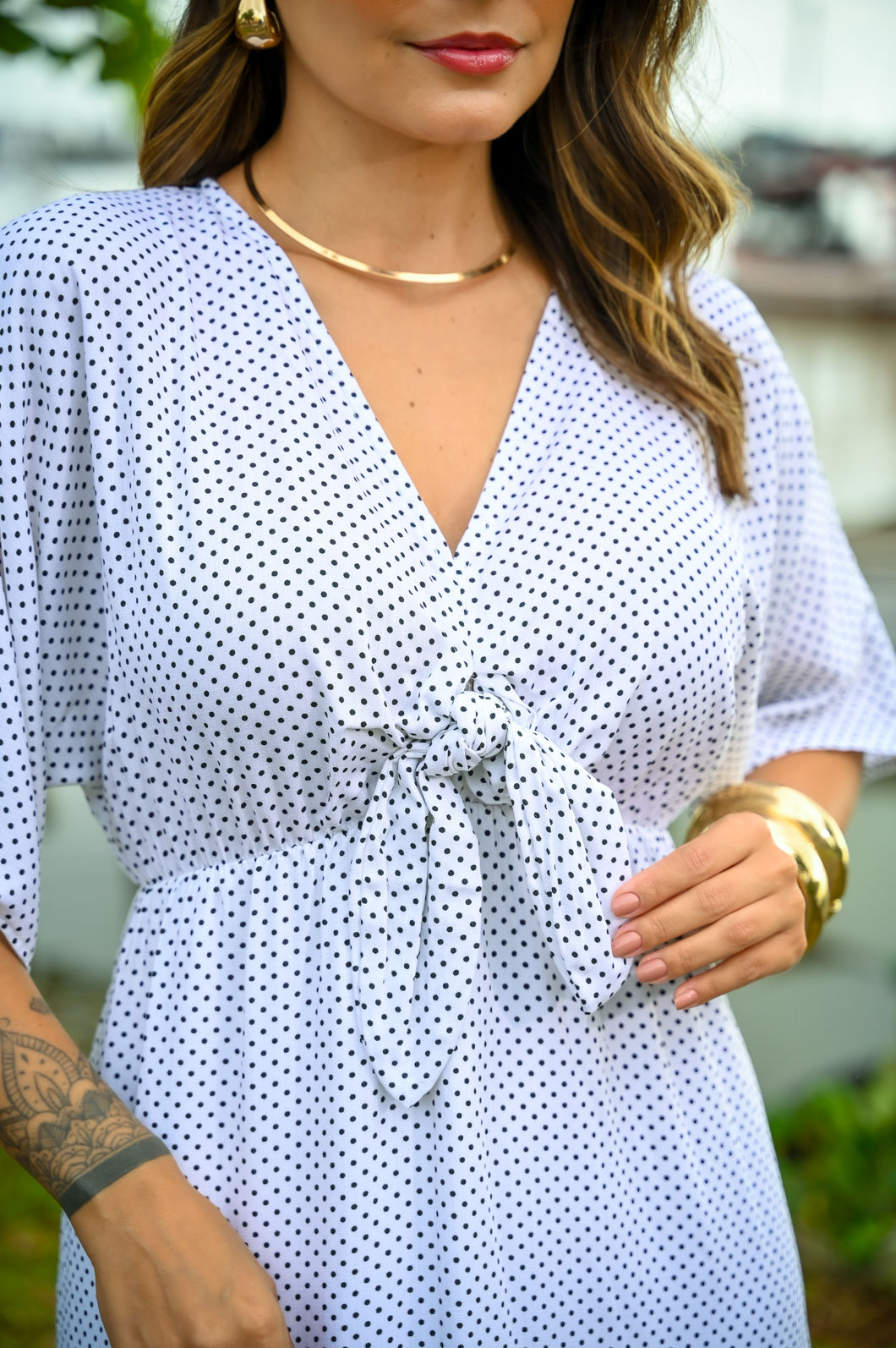 Vestido Laura - Com Forro - Estampa Poá com Fundo Branco