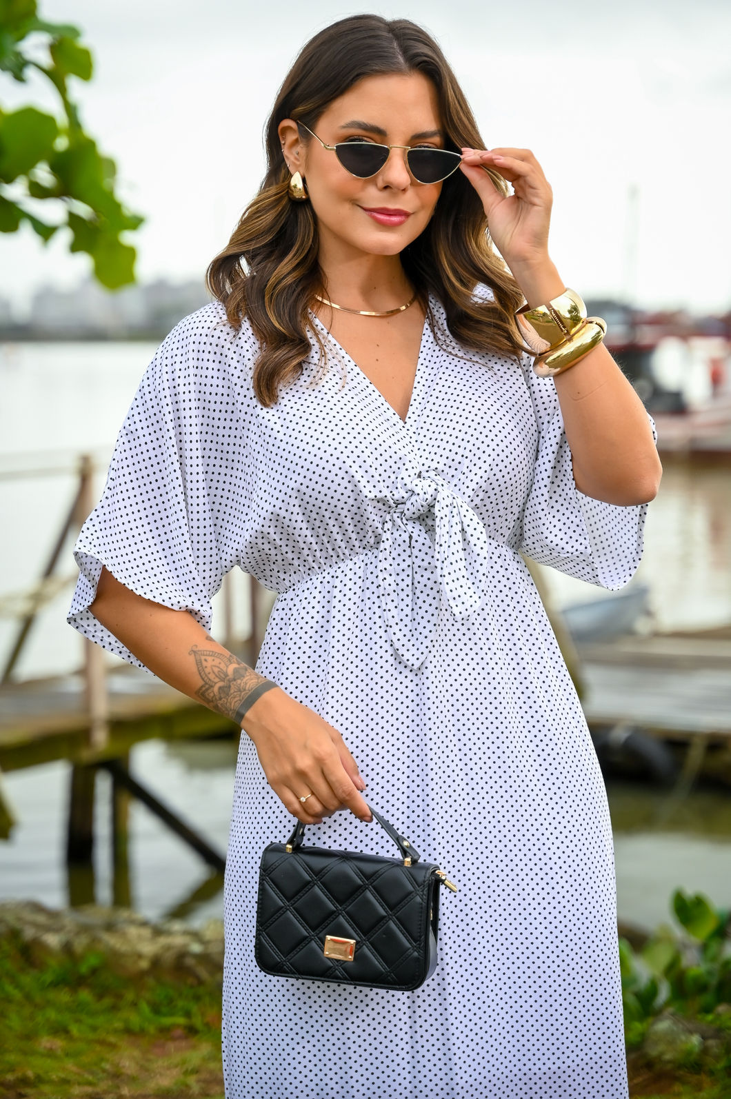 Vestido Laura - Com Forro - Estampa Poá com Fundo Branco