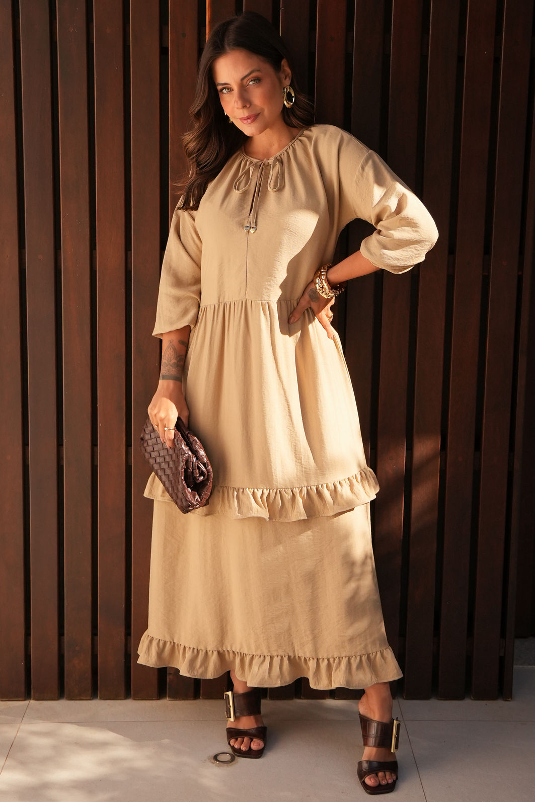 Vestido Norah - Bege Tecido Viscose e Poliamida Vestido Norah - Bege Tecido Viscose e Poliamida