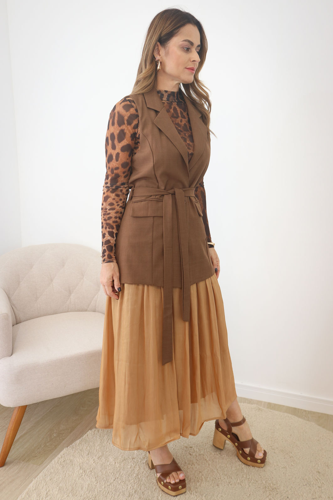 Colete Alfaiataria Alongado Com Cinto - Café Colete Alfaiataria Alongado Com Cinto - Café