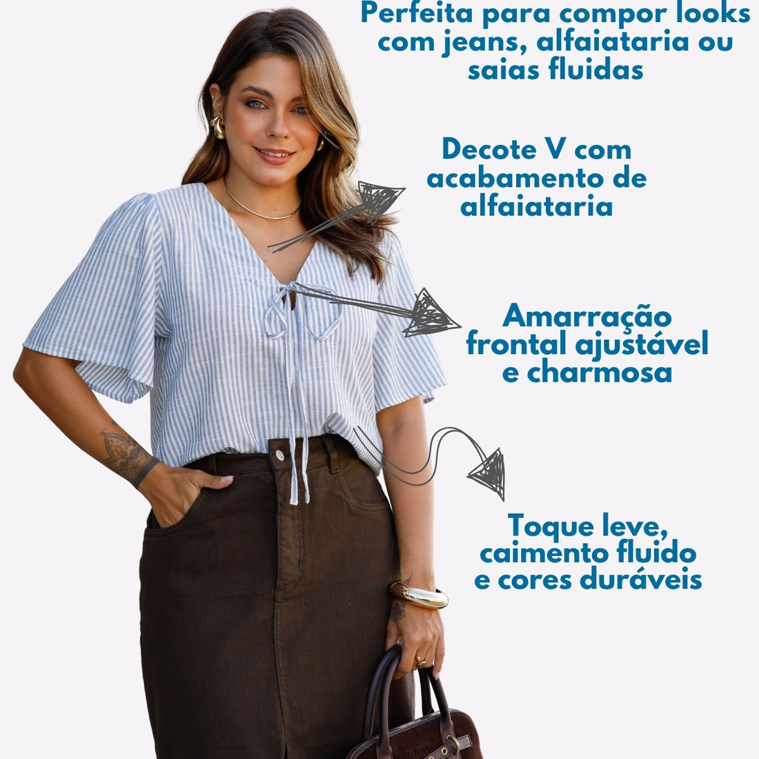 Blusa Maria Clara - Tecido Plano de Viscose  - Listrado Fio Tinto Azul e Branco