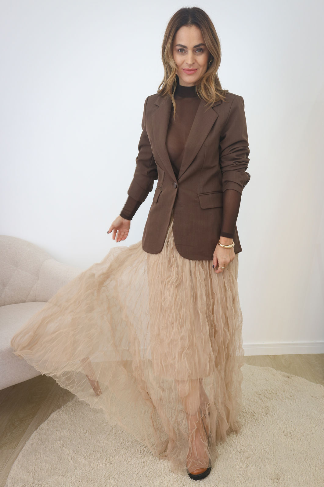 Saia Longa Tule Com Texturas - Mocca Saia Longa Tule Com Texturas - Mocca