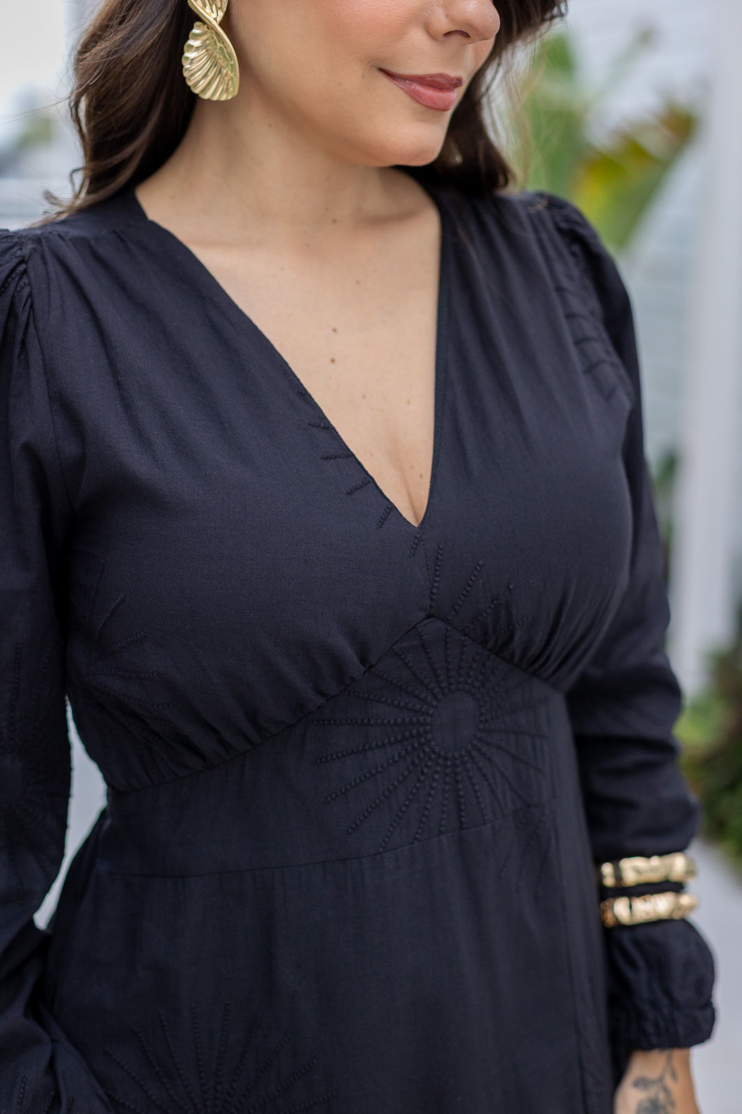 Vestido Malu Manga Longa - Preto Bordado de Algodão Vestido Malu Manga Longa - Preto Bordado de Algodão