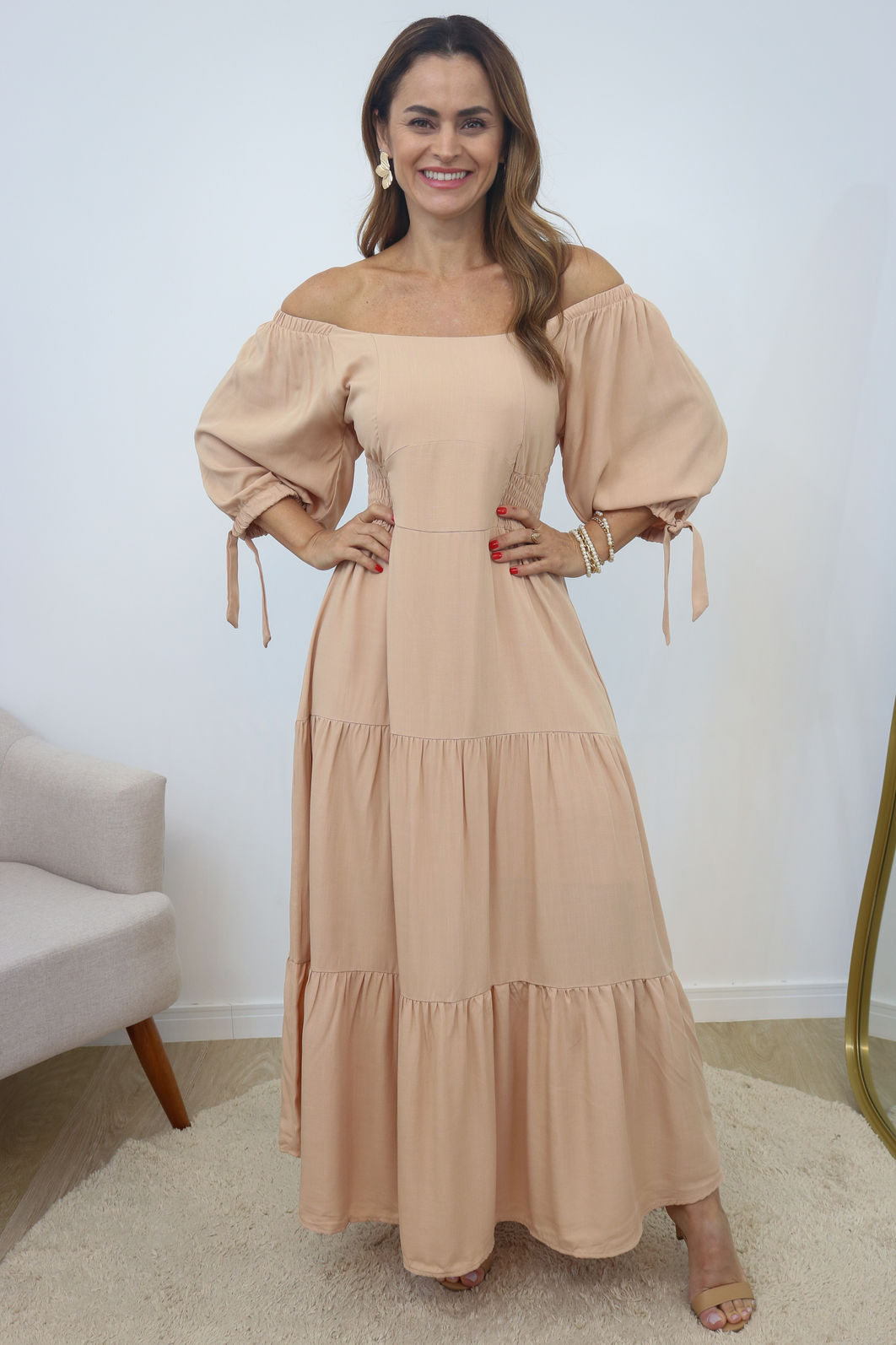 Vestido Letícia Com Forro - Bege Vestido Letícia Com Forro - Bege