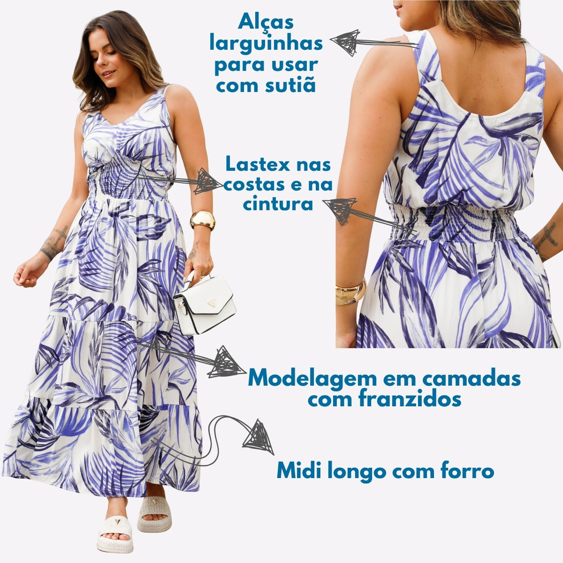 Vestido Lisiana em Tecido Plano de Viscose com Forro - Estampa Azul e Off white Vestido Lisiana em Tecido Plano de Viscose com Forro - Estampa Azul e Off white