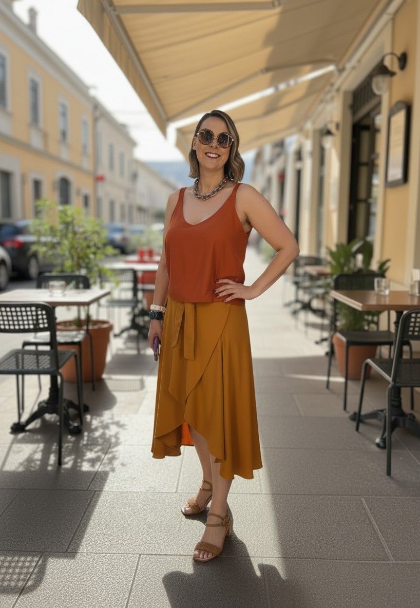 Saia Envelope Midi com Presilha - Tecido Plano - Amarelo Queimado Saia Envelope Midi com Presilha - Tecido Plano - Amarelo Queimado