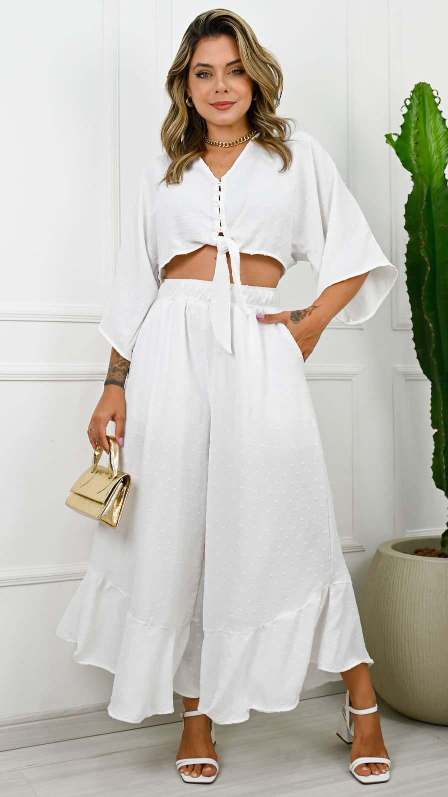 Calça de Tecido Plano Crepe Poá - Yasmin - Off White com forro Calça de Tecido Plano Crepe Poá - Yasmin - Off White com forro