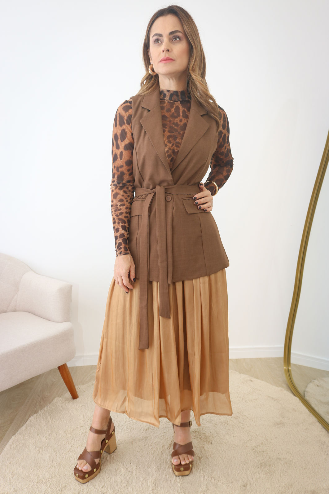 Colete Alfaiataria Alongado Com Cinto - Café Colete Alfaiataria Alongado Com Cinto - Café