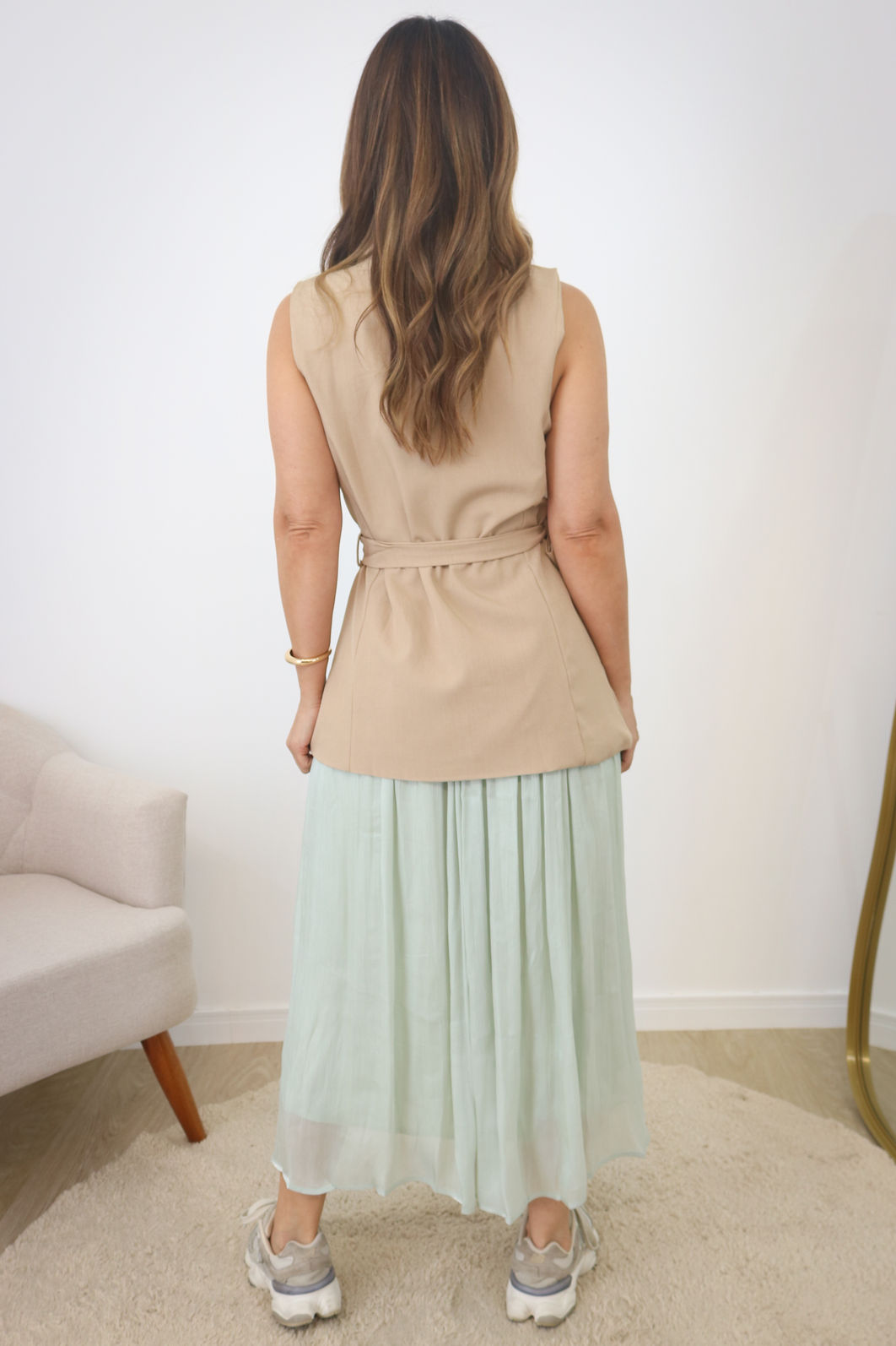 Saia Acetinada Midi Com Forro - Sálvia