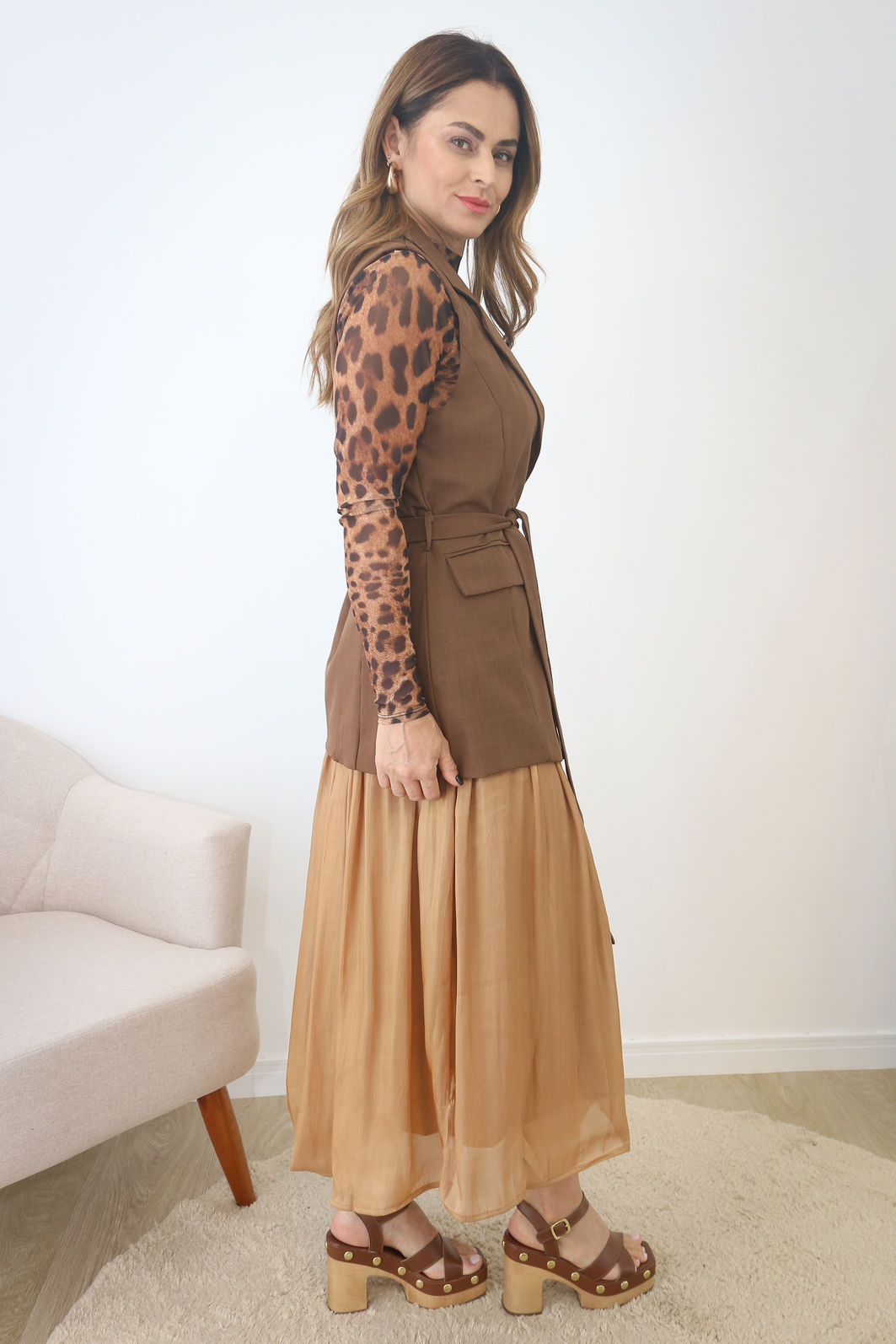 Colete Alfaiataria Alongado Com Cinto - Café Colete Alfaiataria Alongado Com Cinto - Café