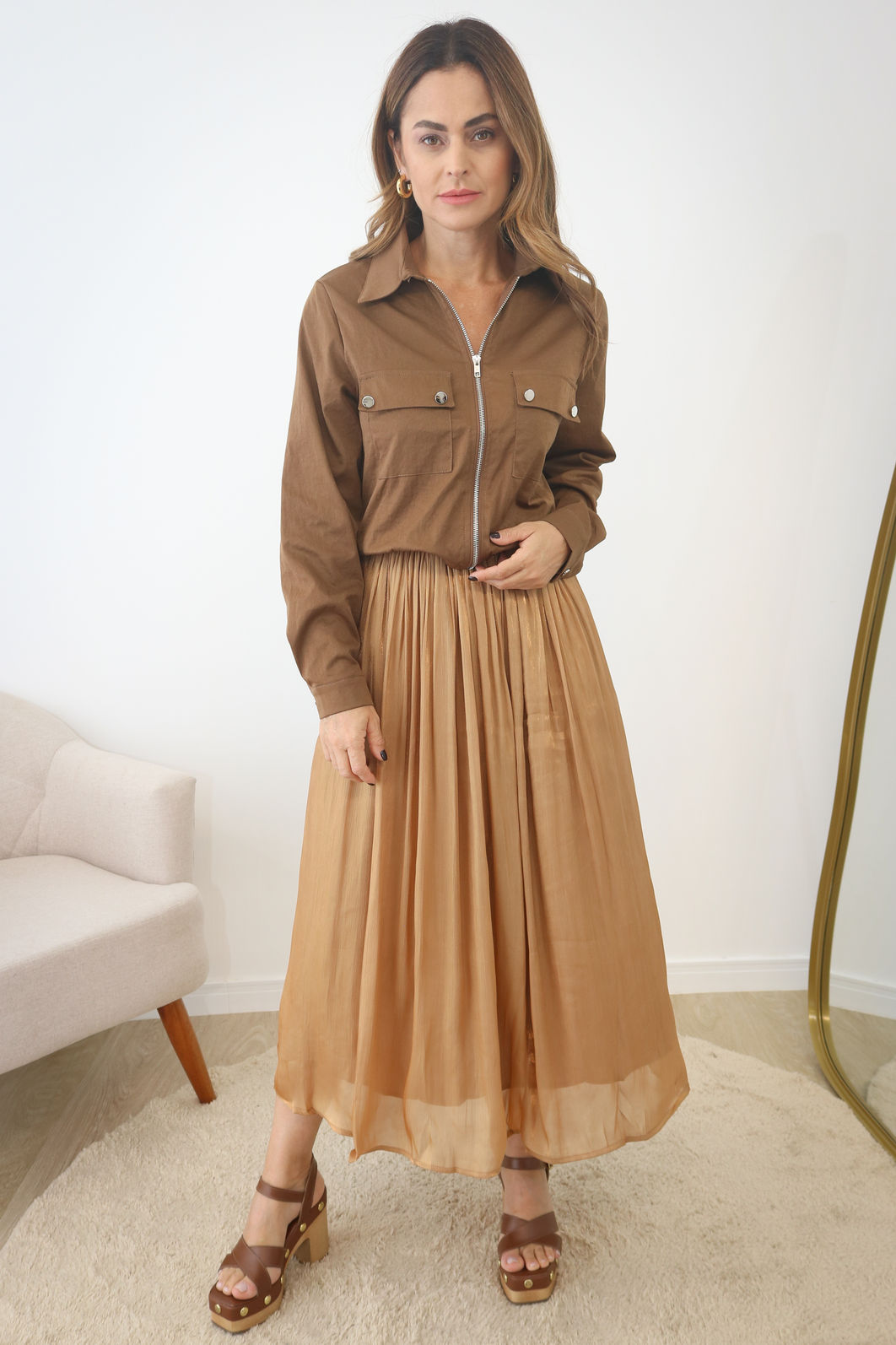 Saia Acetinada Midi Com Forro - Gold Nude