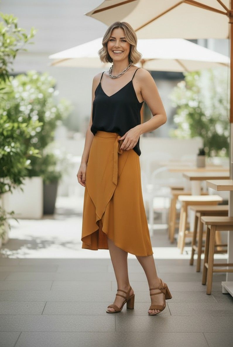 Saia Envelope Midi com Presilha - Tecido Plano - Amarelo Queimado Saia Envelope Midi com Presilha - Tecido Plano - Amarelo Queimado