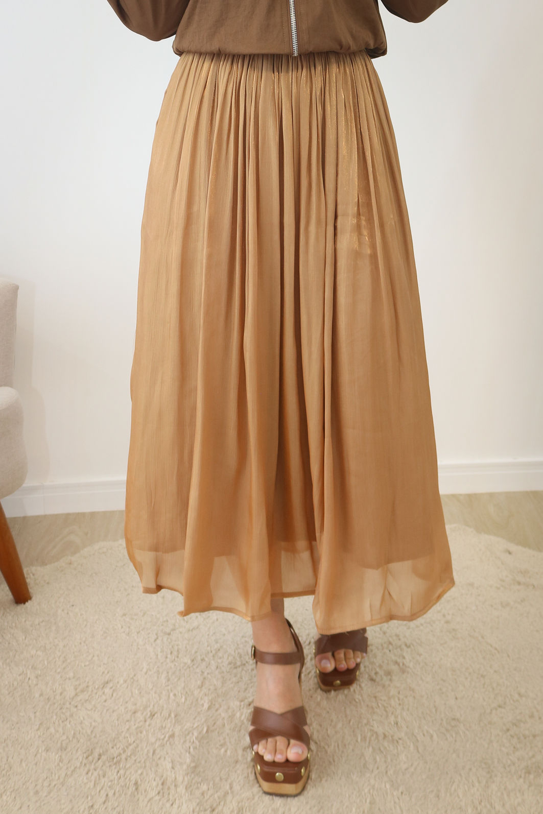 Saia Acetinada Midi Com Forro - Gold Nude