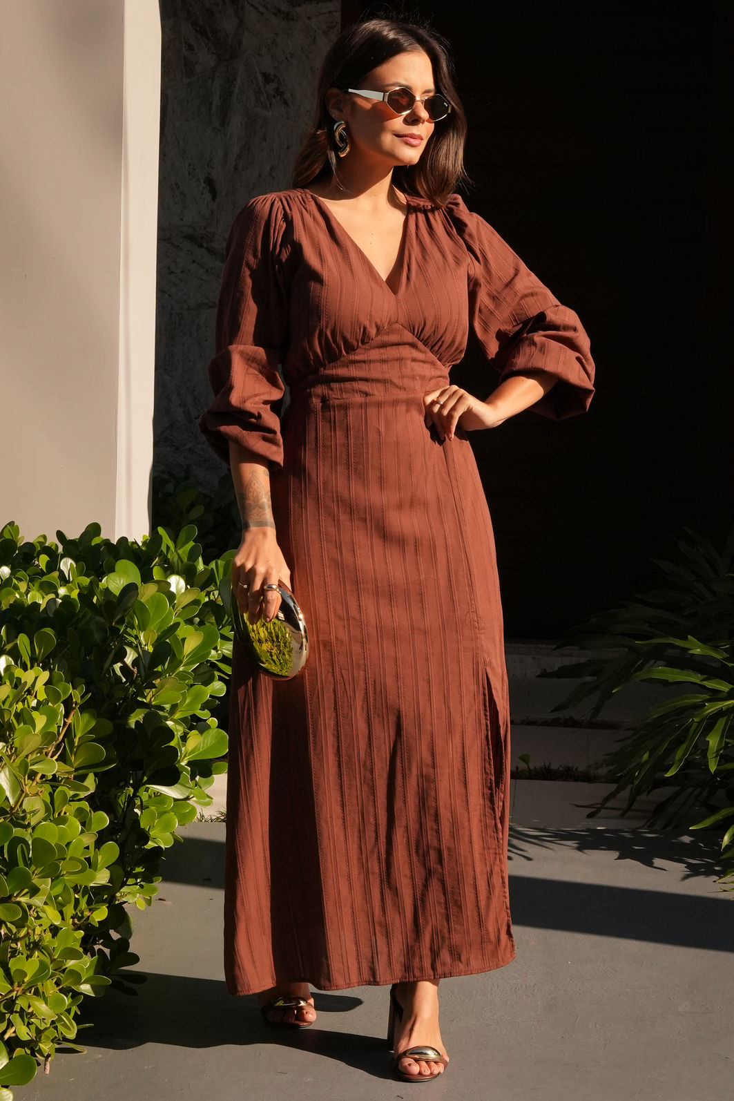 Vestido Malu - Marrom Bordado de Algodão