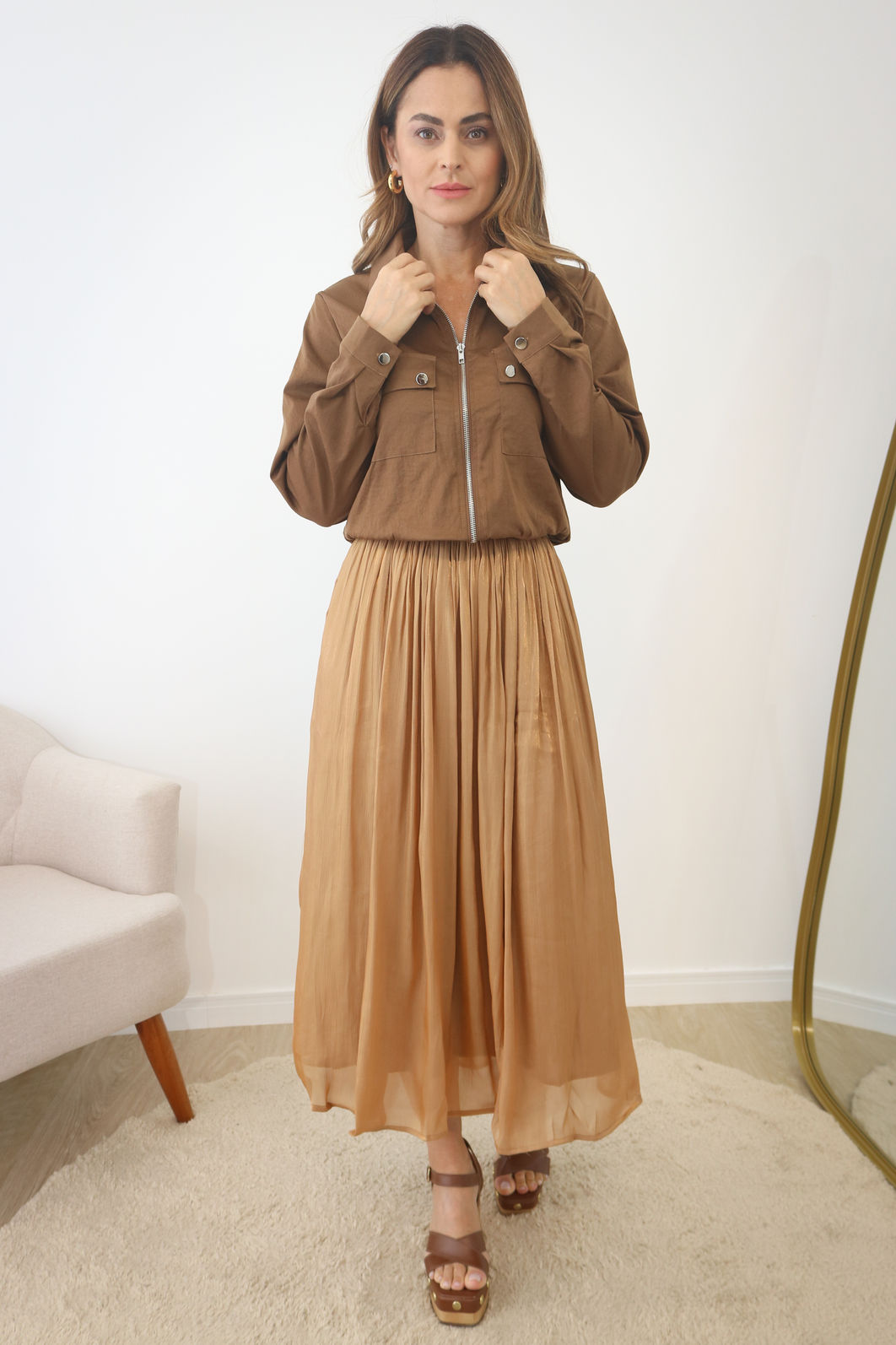 Saia Acetinada Midi Com Forro - Gold Nude