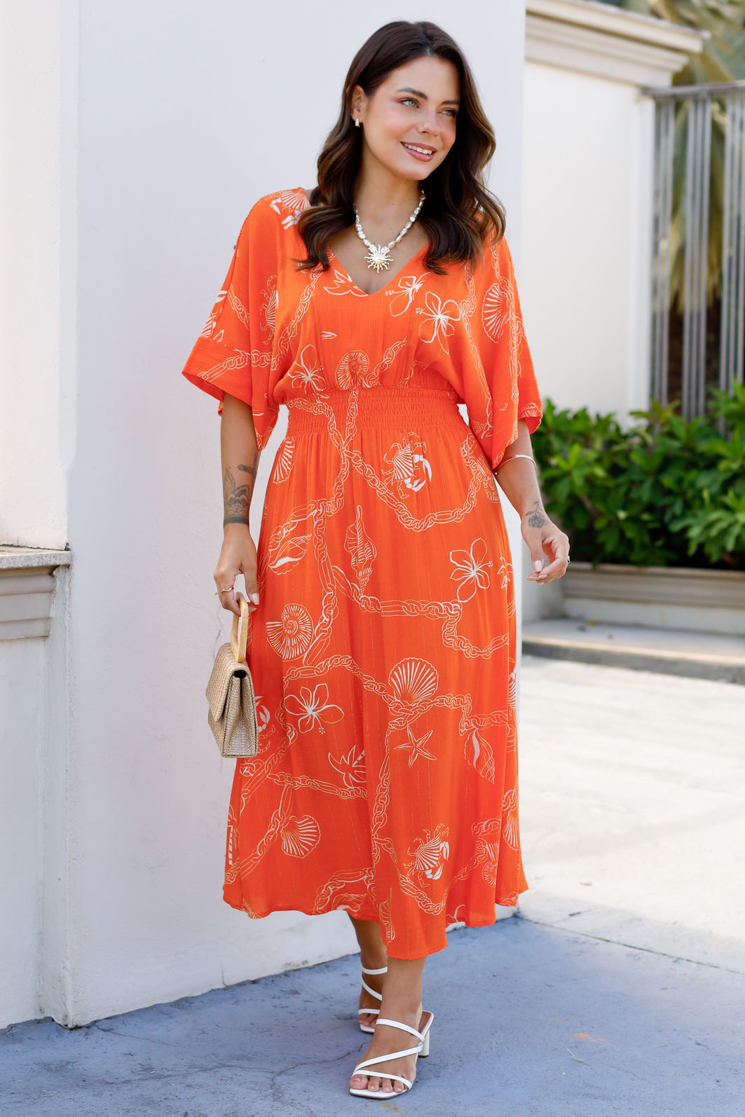 Vestido Vanessa Midi com Forro - Estampa Fundo do Mar Laranja