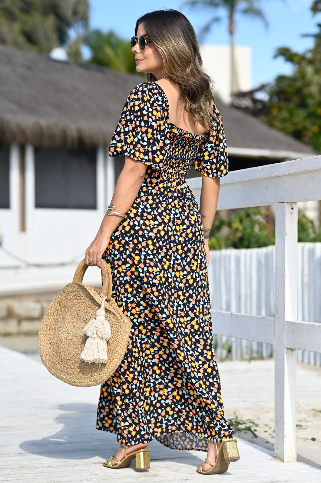 Vestido Nina em Tecido Plano de Viscose - Micro Floral Liberty Fundo Preto Vestido Nina em Tecido Plano de Viscose - Micro Floral Liberty Fundo Preto