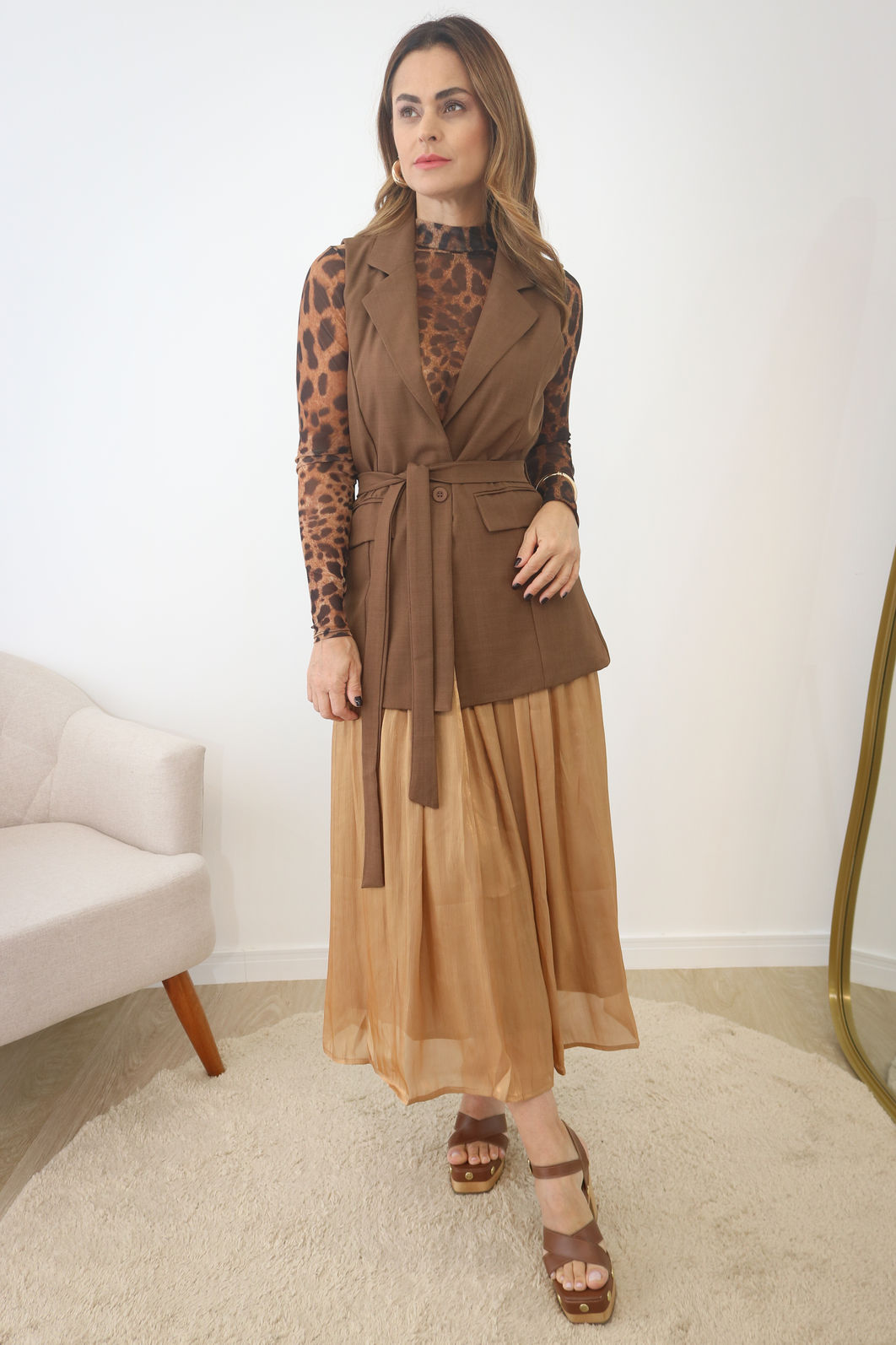 Colete Alfaiataria Alongado Com Cinto - Café Colete Alfaiataria Alongado Com Cinto - Café