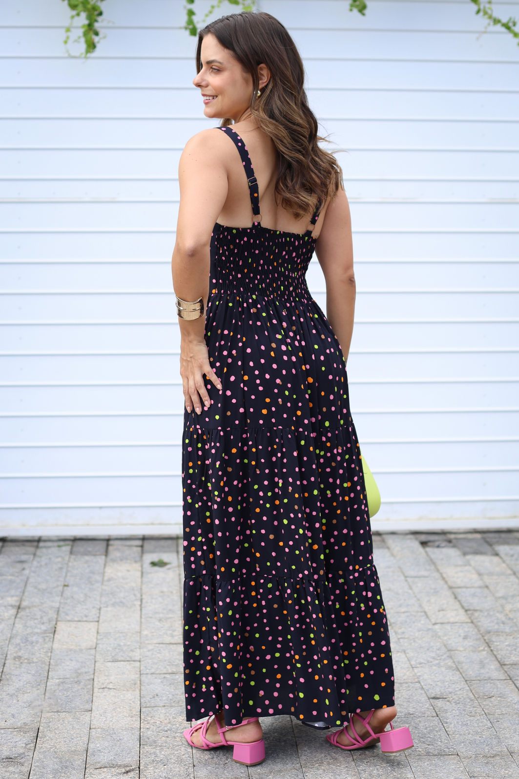 Vestido Lunna Midi Alças Reguláveis Preto Poá Colorido