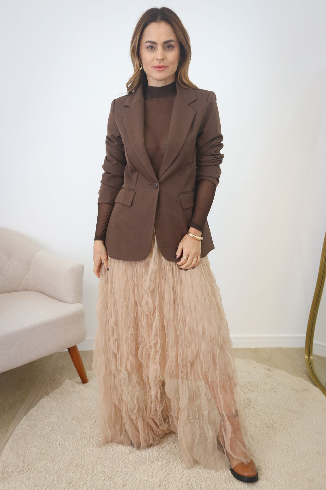 Saia Longa Tule Com Texturas - Mocca Saia Longa Tule Com Texturas - Mocca