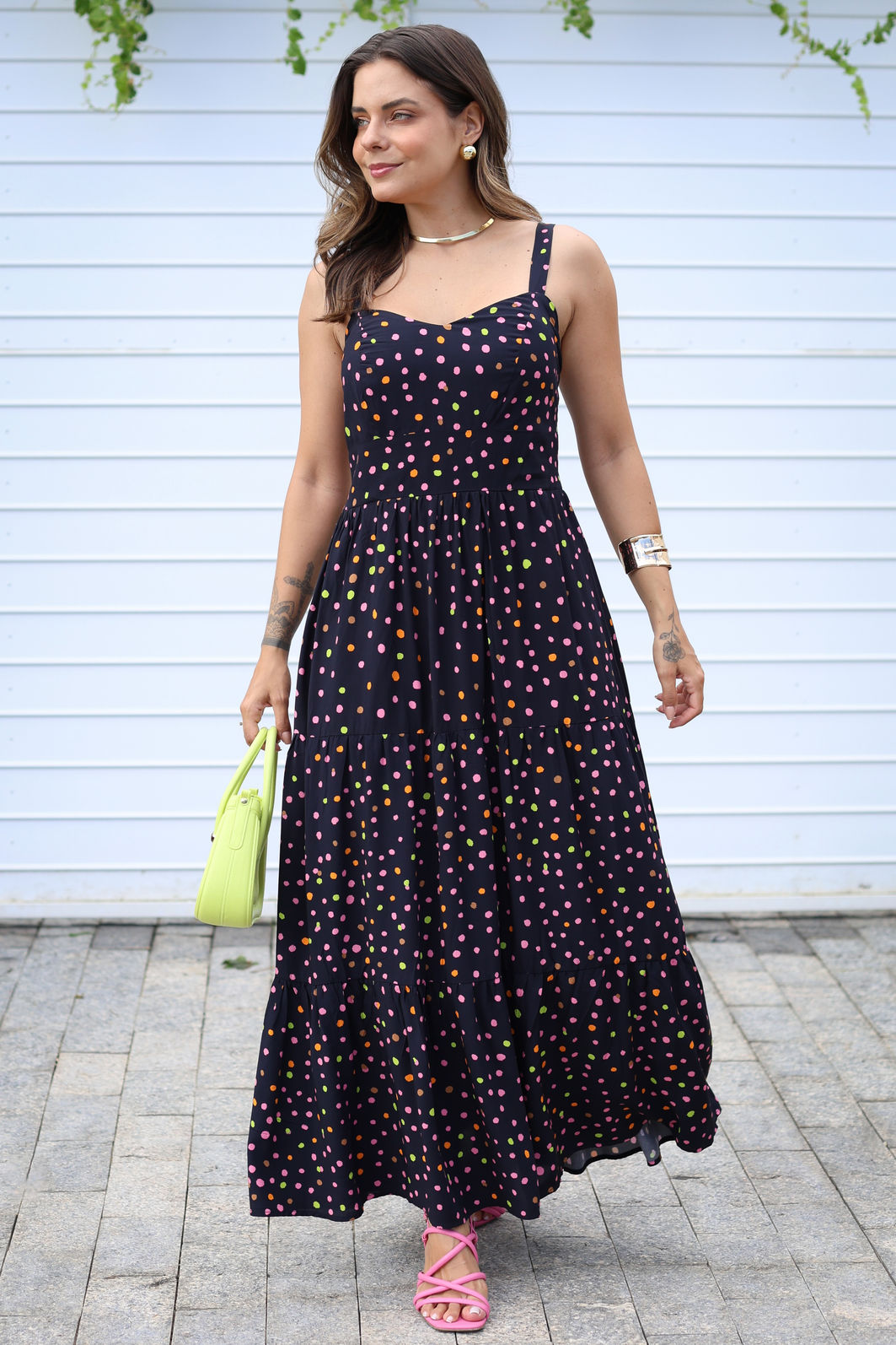 Vestido Lunna Midi Alças Reguláveis Preto Poá Colorido