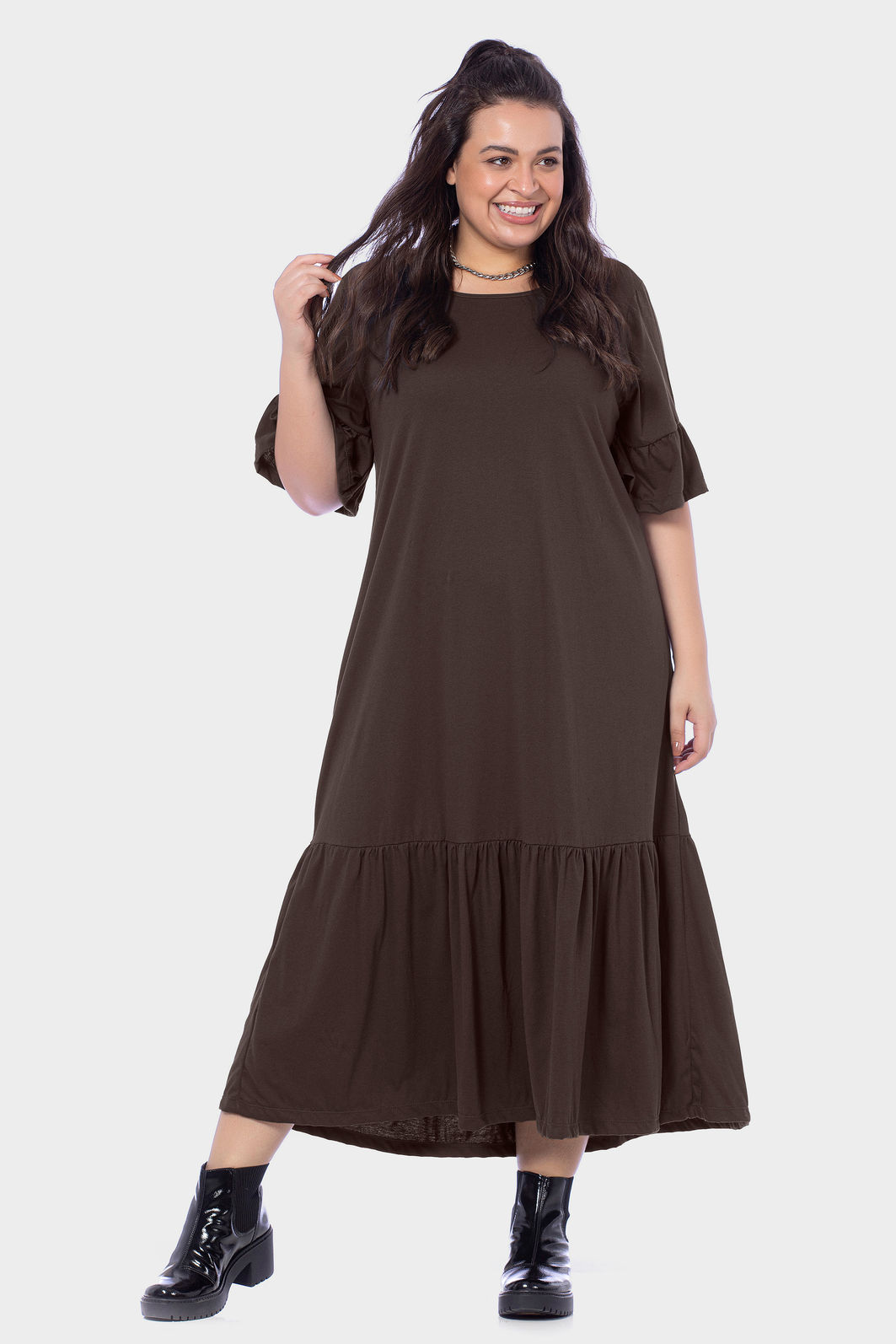Vestido Feminino Plus Size Liso com Babados BGO Company - Loja Virtual