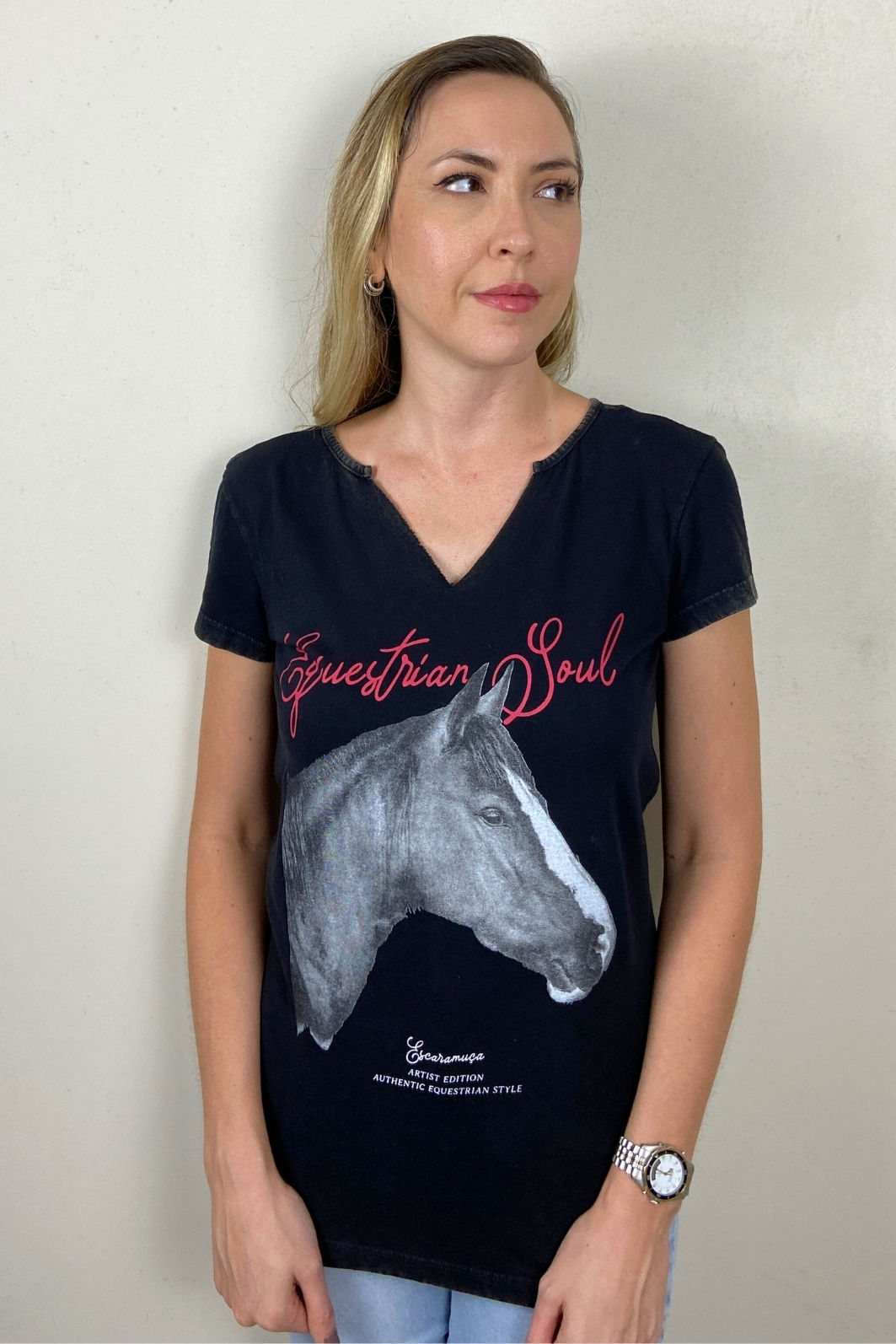 CAMISETA FEMININA MARMORIZADA MANGALARGA PRETA - 1F148 CAMISETA FEMININA MARMORIZADA MANGALARGA PRETA - 1F148