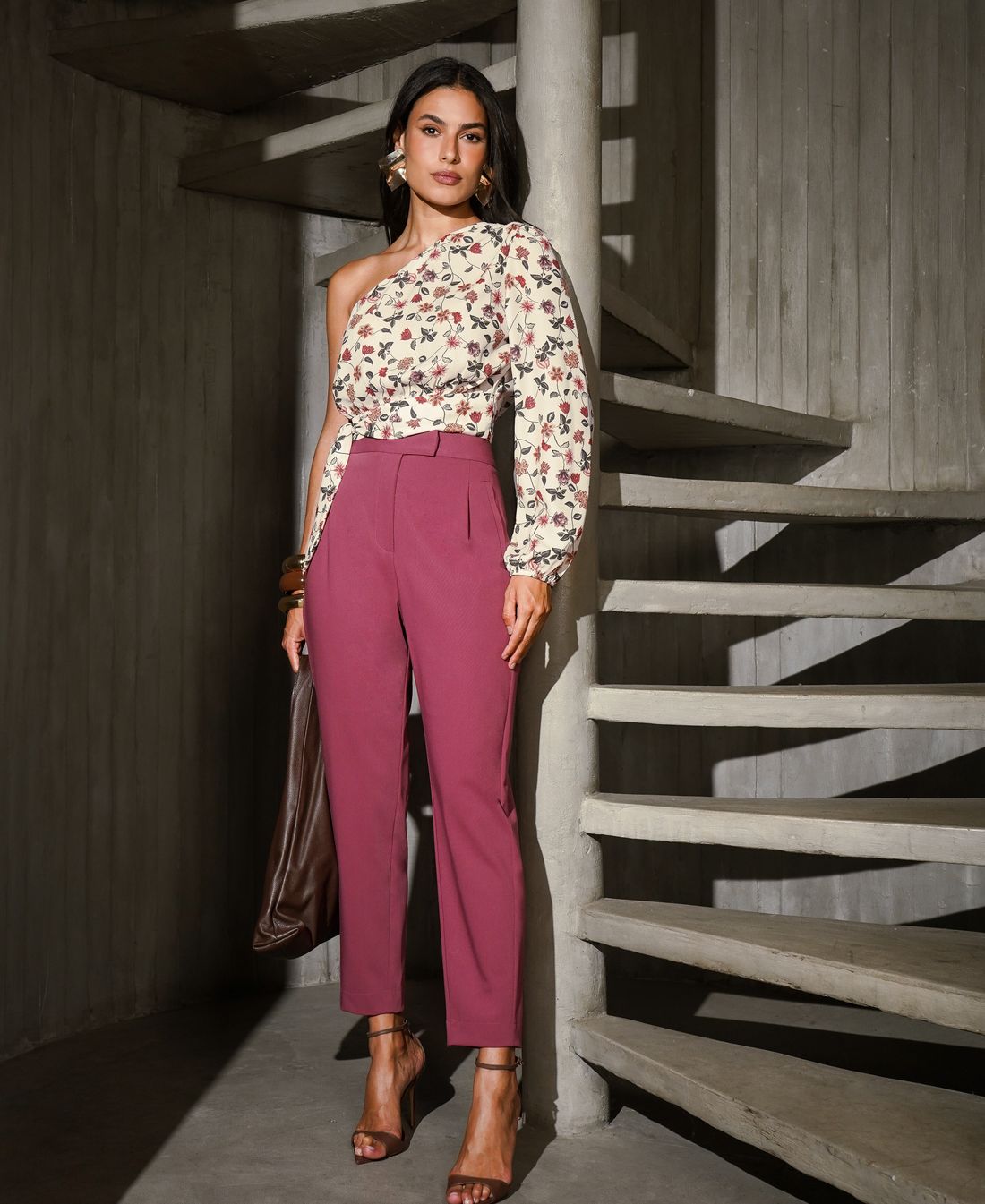 Blusa Um Ombro Manga Longa Floral - Donna Ritz