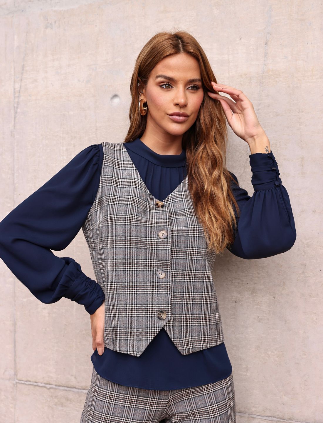 Colete Xadrez Decote V Alfaiataria - Doce Flor