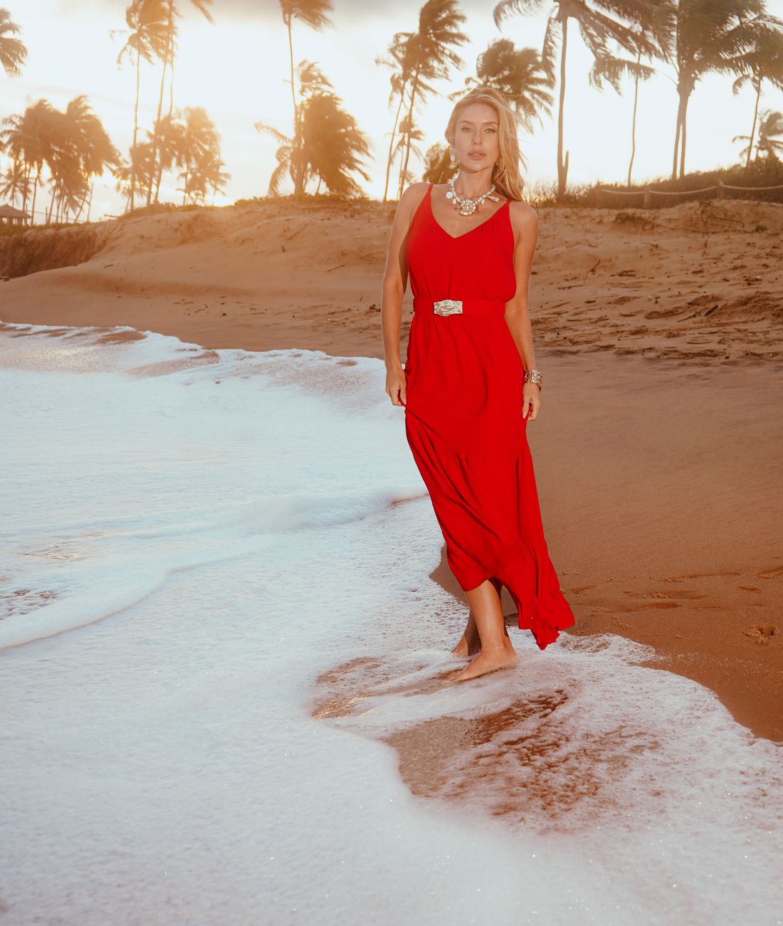 Vestido Longo Linen Cinto Aviamento - Donna Ritz Vestido Longo Linen Cinto Aviamento - Donna Ritz