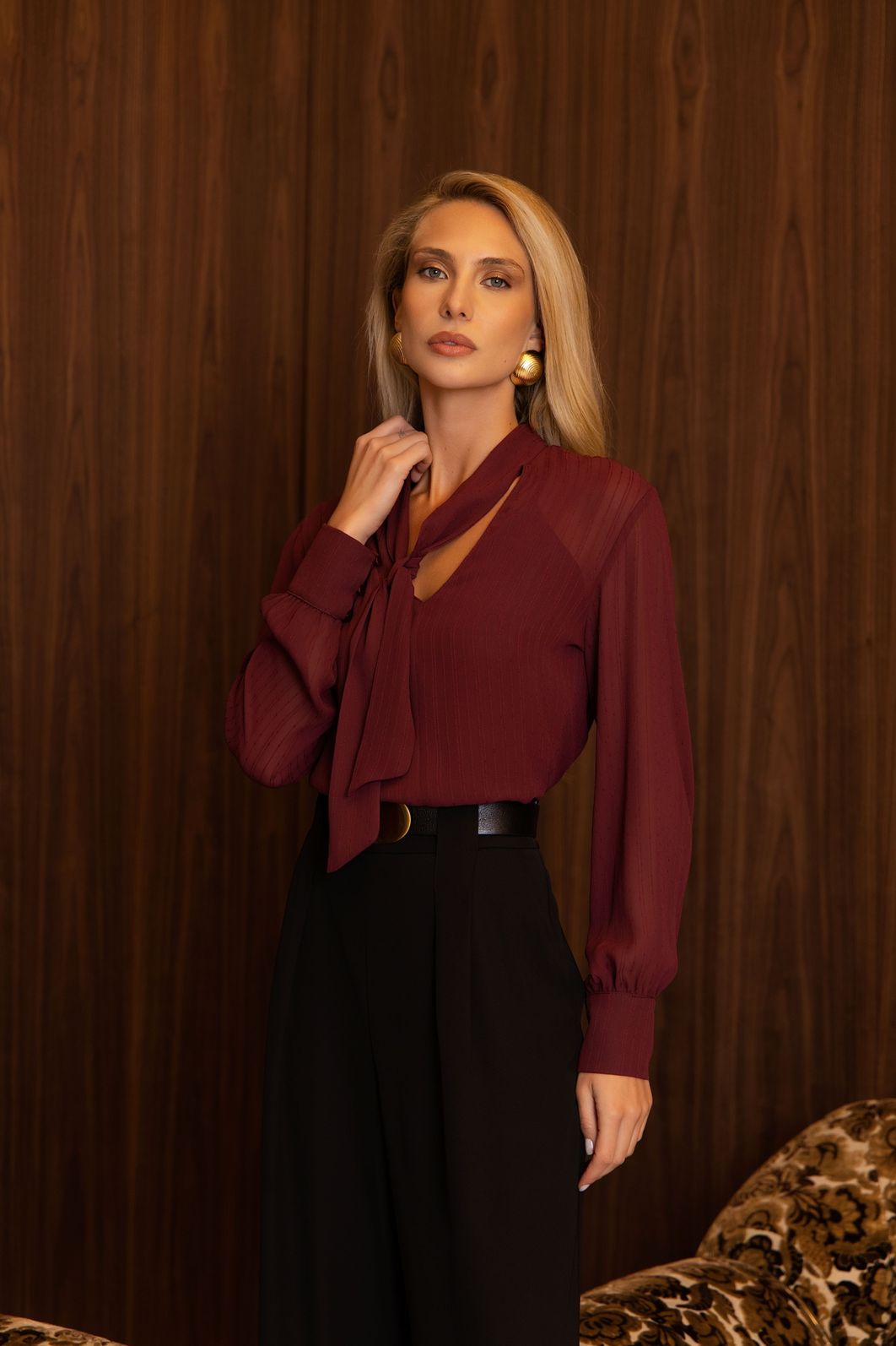 Blusa Chiffon Listras Lenço - Donna Ritz