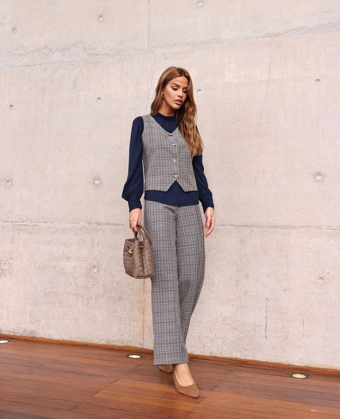 Calça Reta Xadrez Alfaiataria - Doce Flor