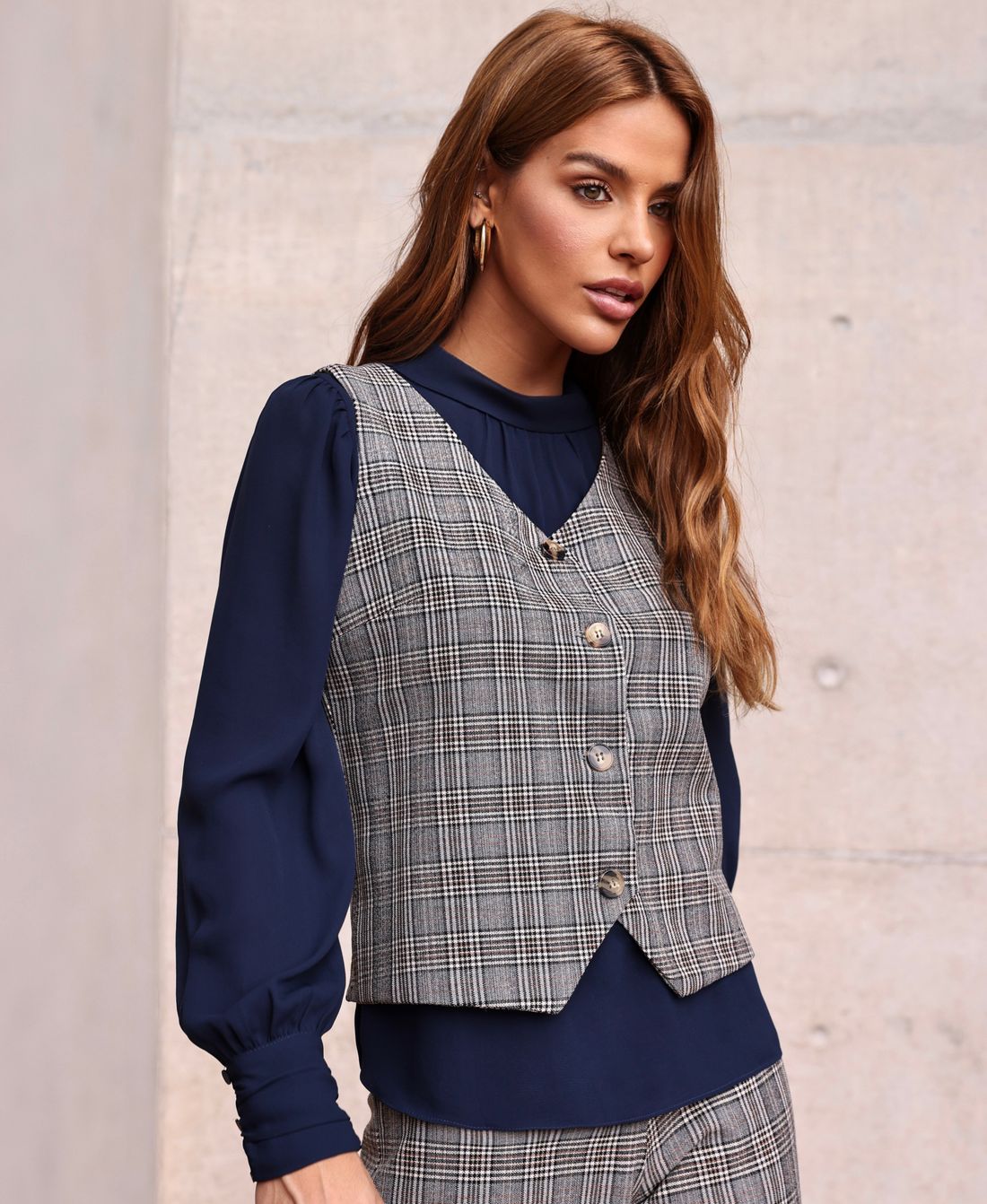 Colete Xadrez Decote V Alfaiataria - Doce Flor